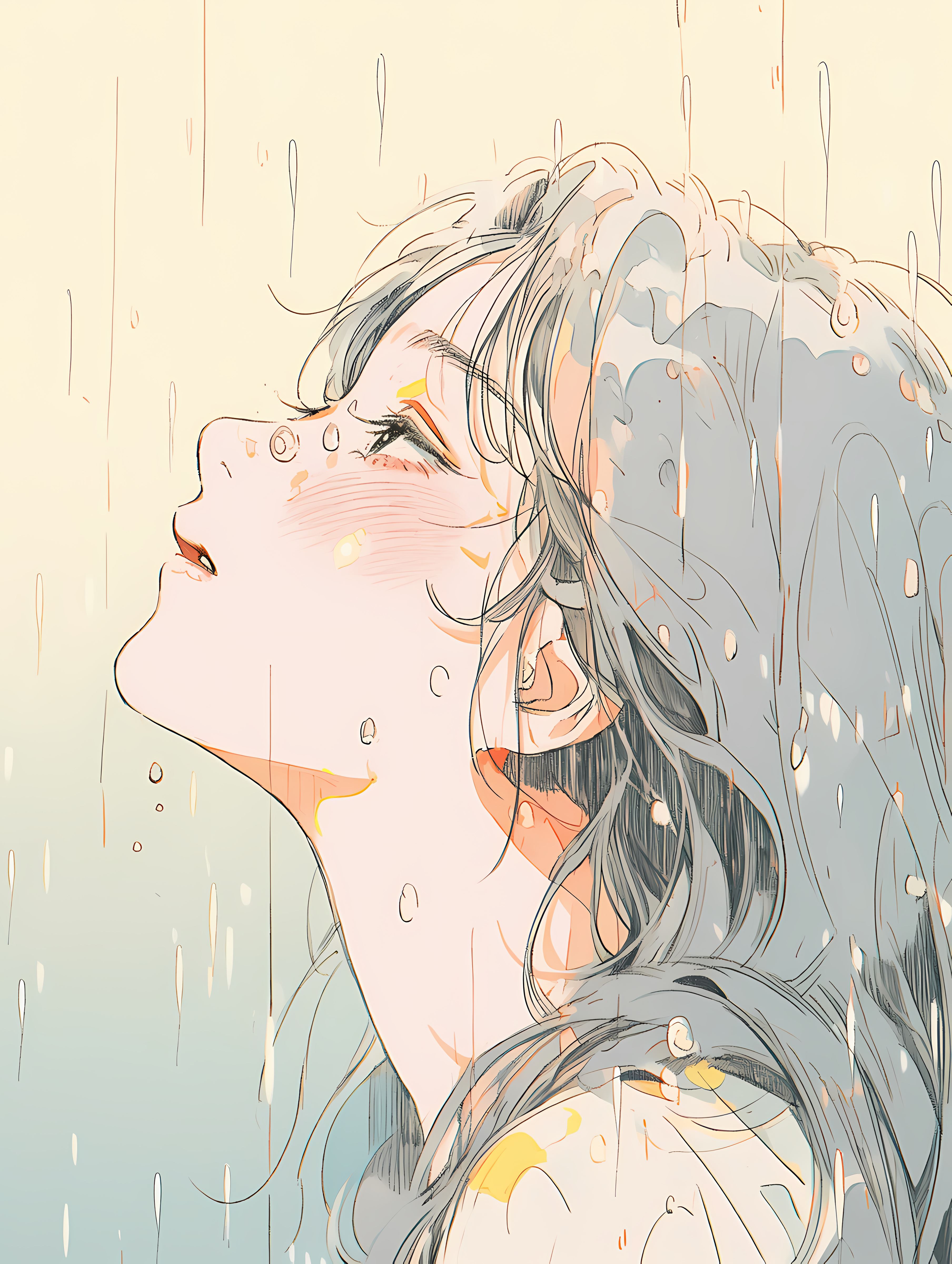 Anime Girls Anime Looking Up Rain Blushing Wet Long Hair Minimalism Simple Background Silver Hair Po 3616x4800