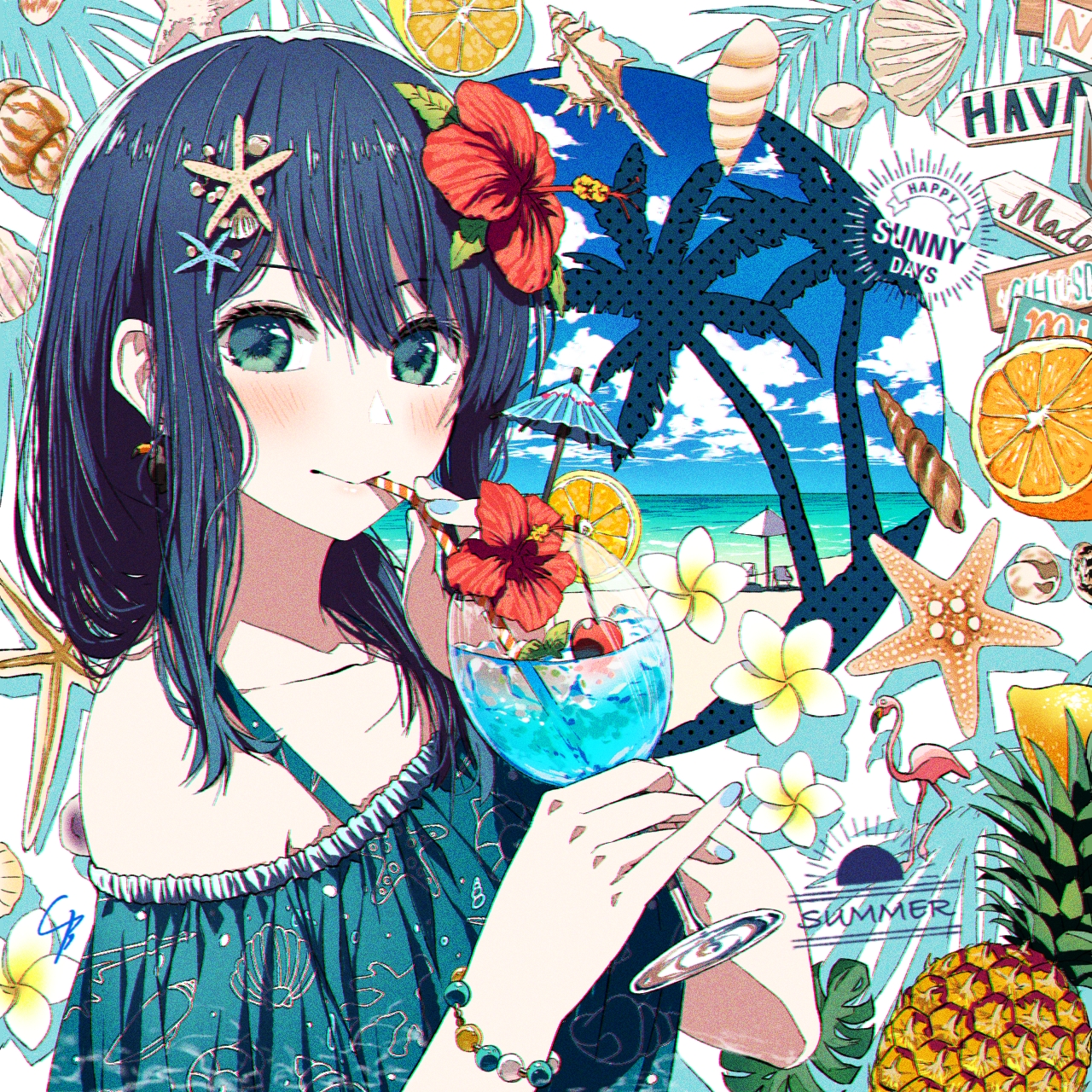 Oshi No Ko Anime Girls Kurokawa Akane Cocktails Drinking Looking At Viewer Blue Dress Palm Trees Dri 1280x1280