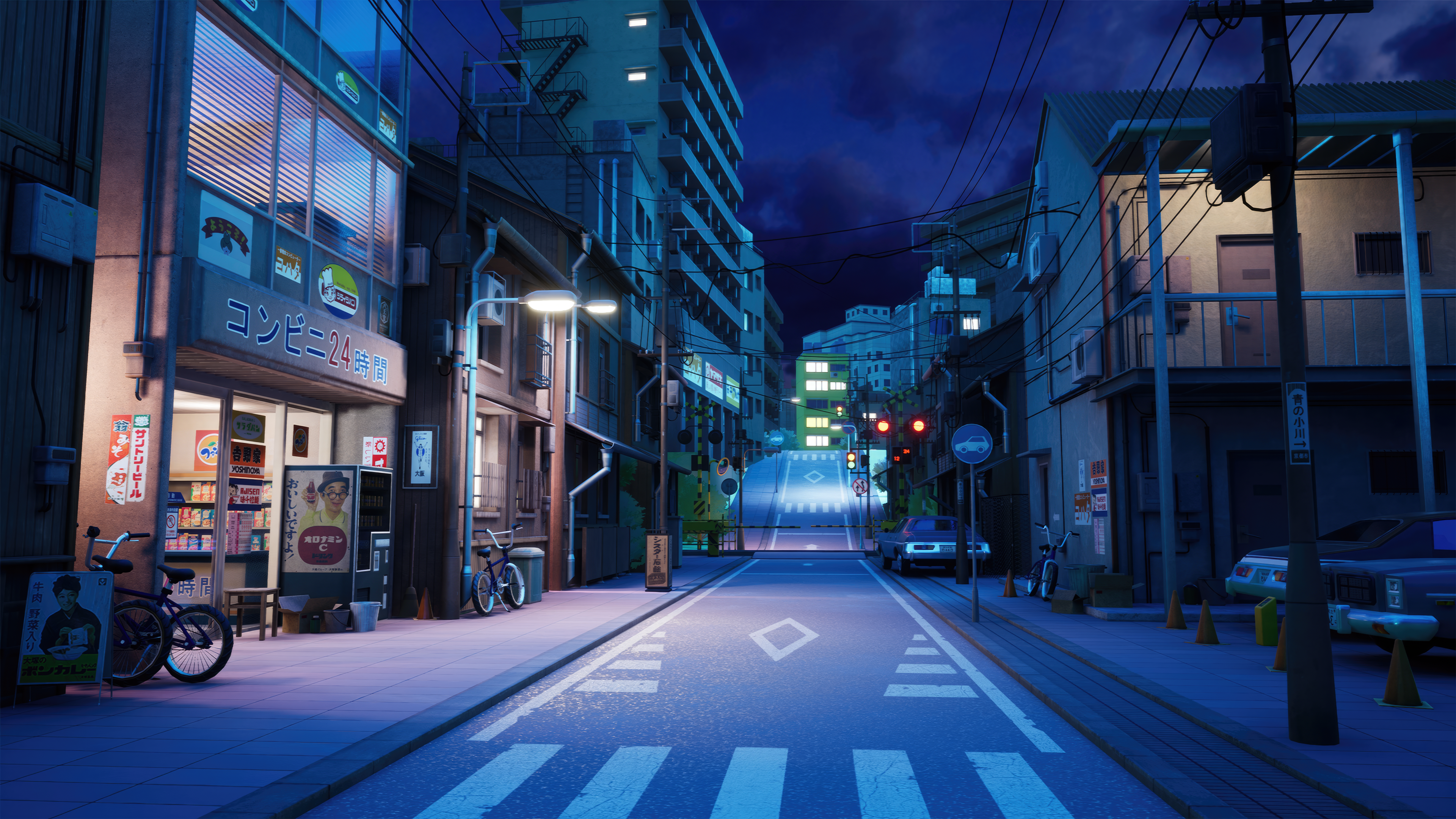 Japan CGi Night Tokyo Building Road Digital Art Japanese Street Light Bicycle Store Front Sign Sky C 3840x2160