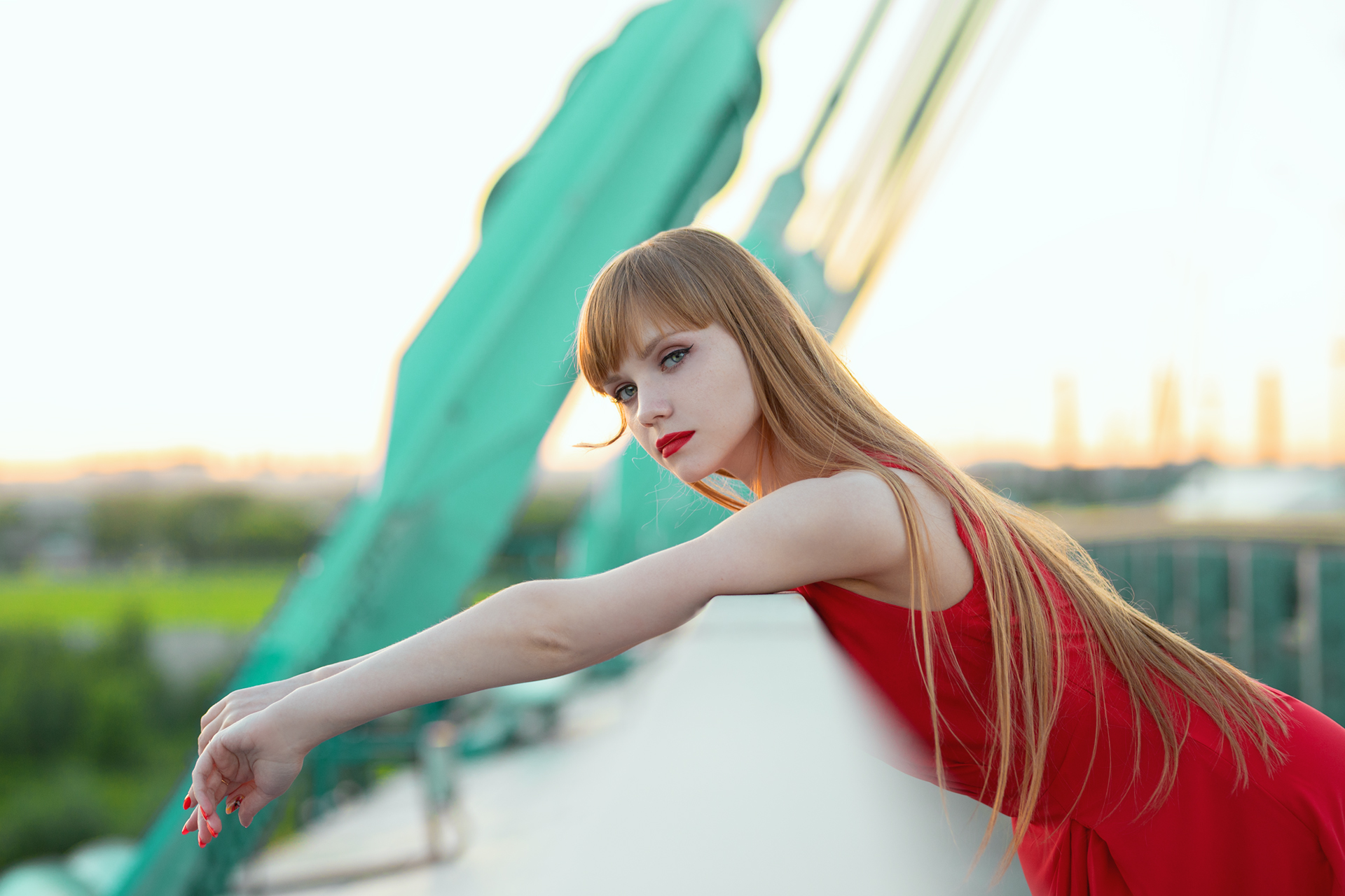 Aleksey Lozgachev Women Brunette Long Hair Straight Hair Bangs Red Clothing Red Lipstick Dress Bridg 1920x1280
