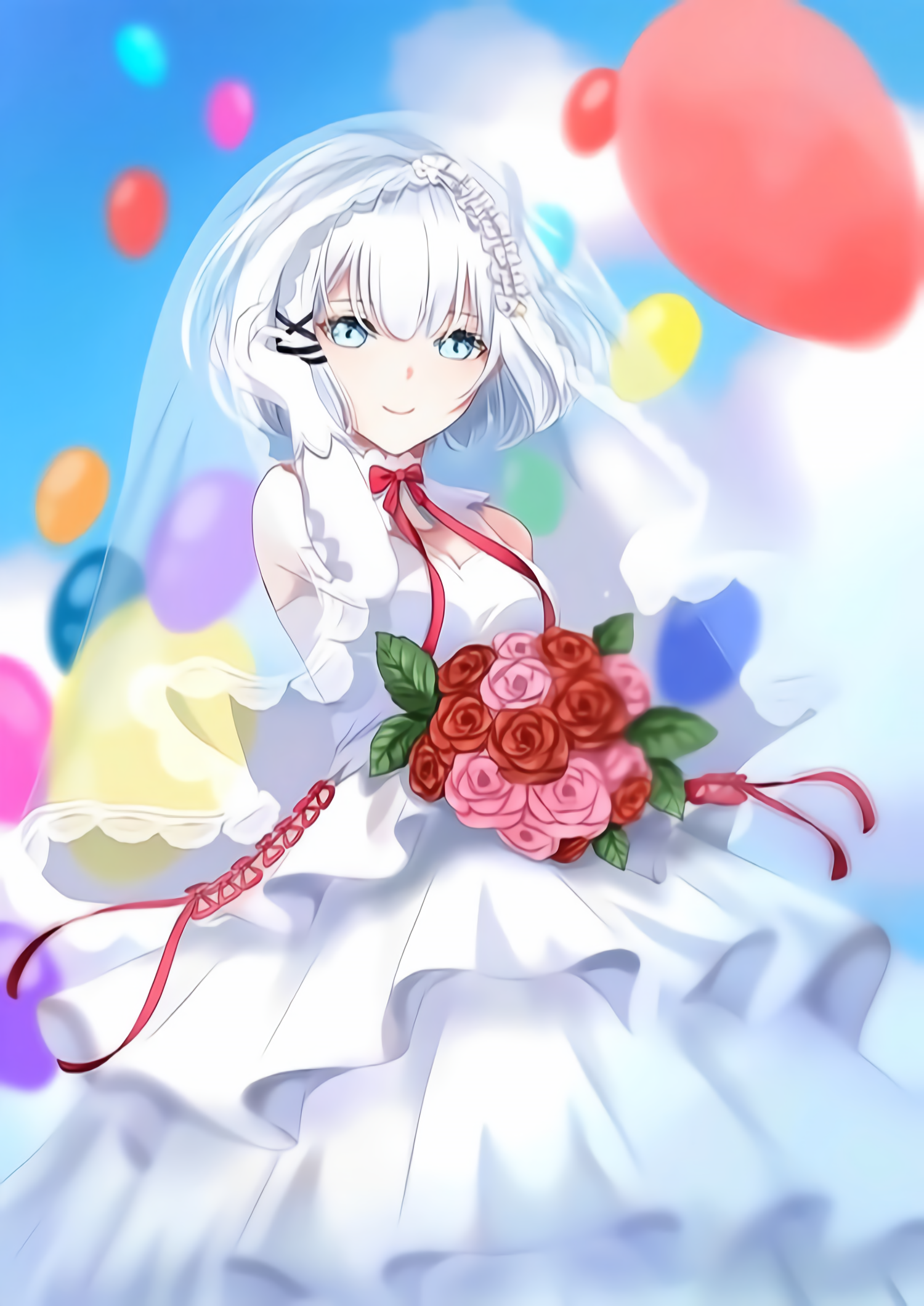 White Hair Siesta Short Hair Blue Eyes Tantei Wa Mou Shindeiru Wedding Dress Balloon Holding Flower  1500x2120