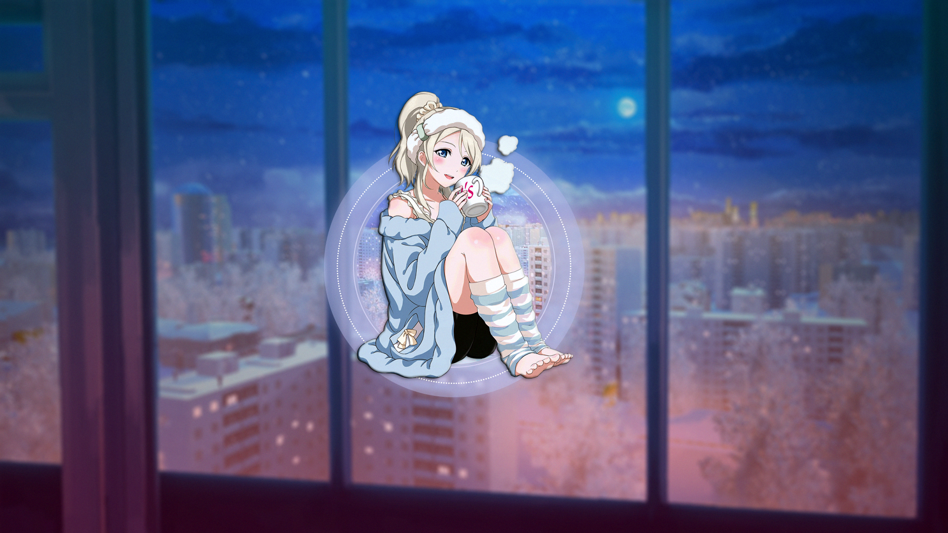 Anime Anime Girls Picture In Picture Sweater Coffee Night 2D Edit Blonde Blue Eyes Winter Eli Ayase  1920x1080