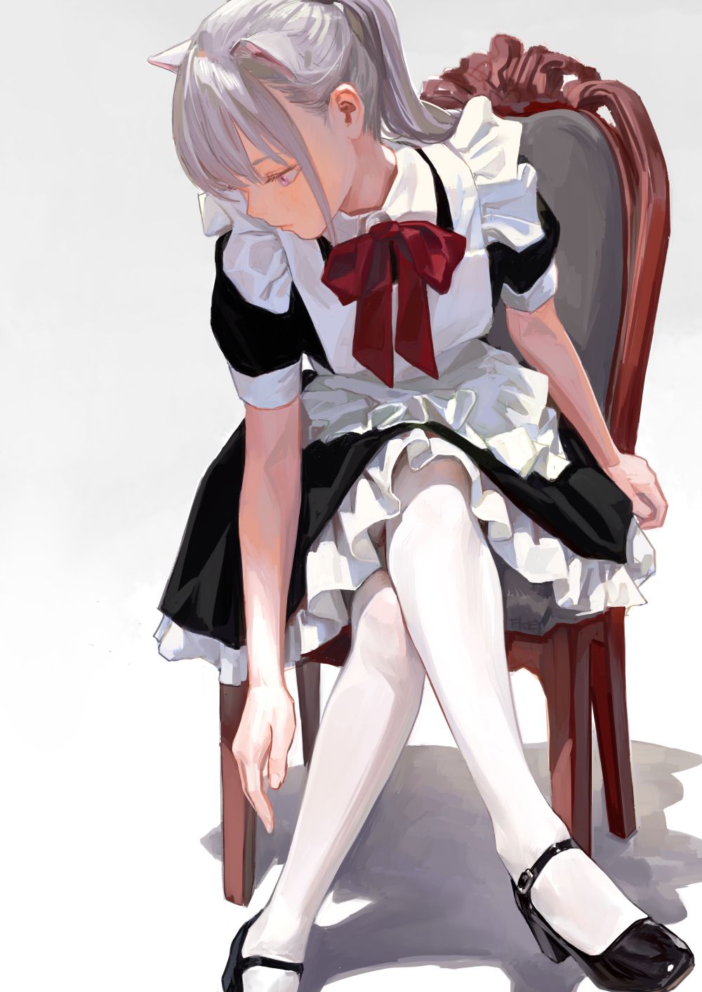 Anime Girls Maid Outfit Animal Ears FKEY Vertical Maid Chair Sitting Legs Crossed Looking Below Pony 1000x1414