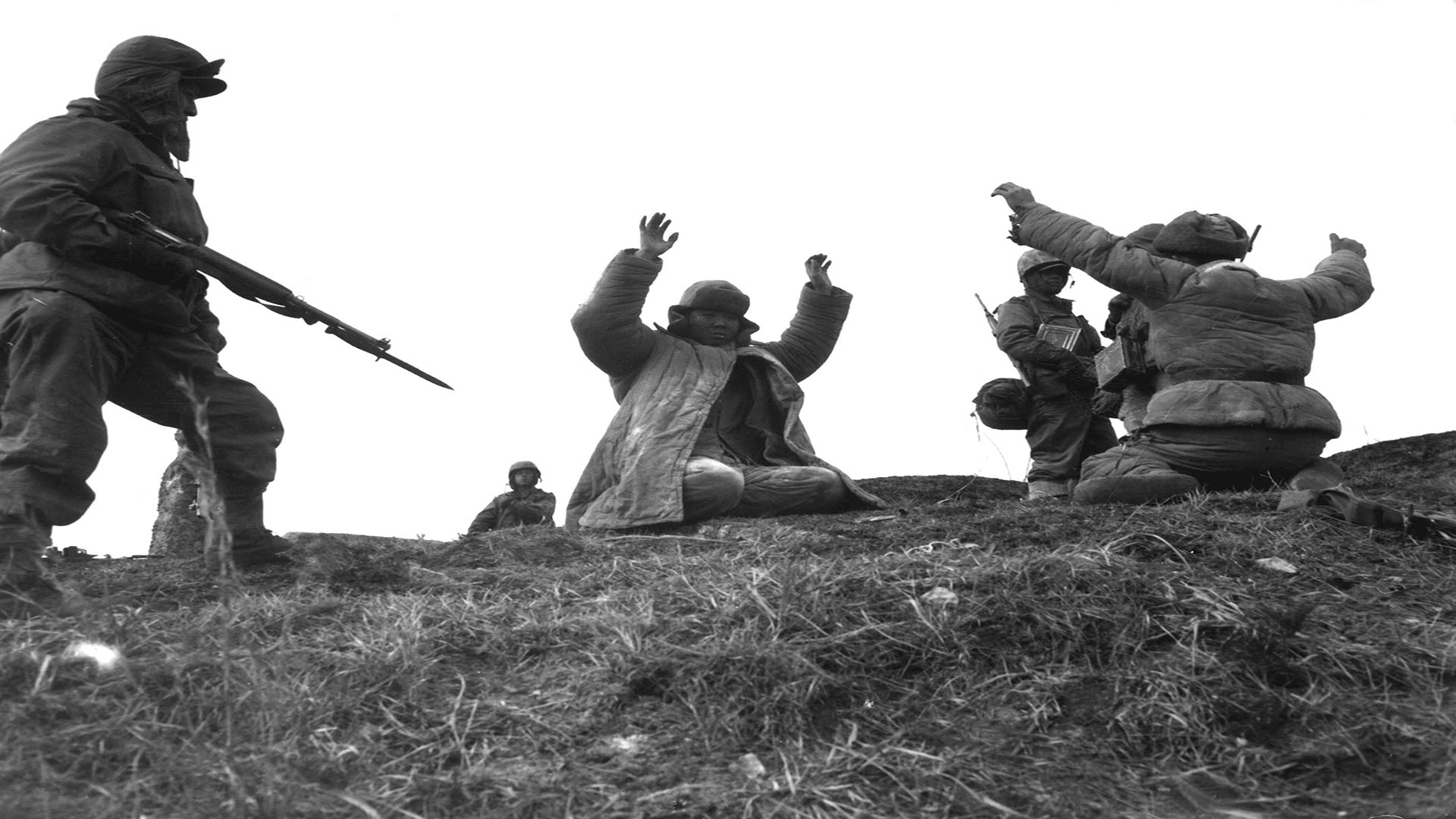 Korean War United States Marines Monochrome Men Soldier Uniform Gun Grass 1920x1080