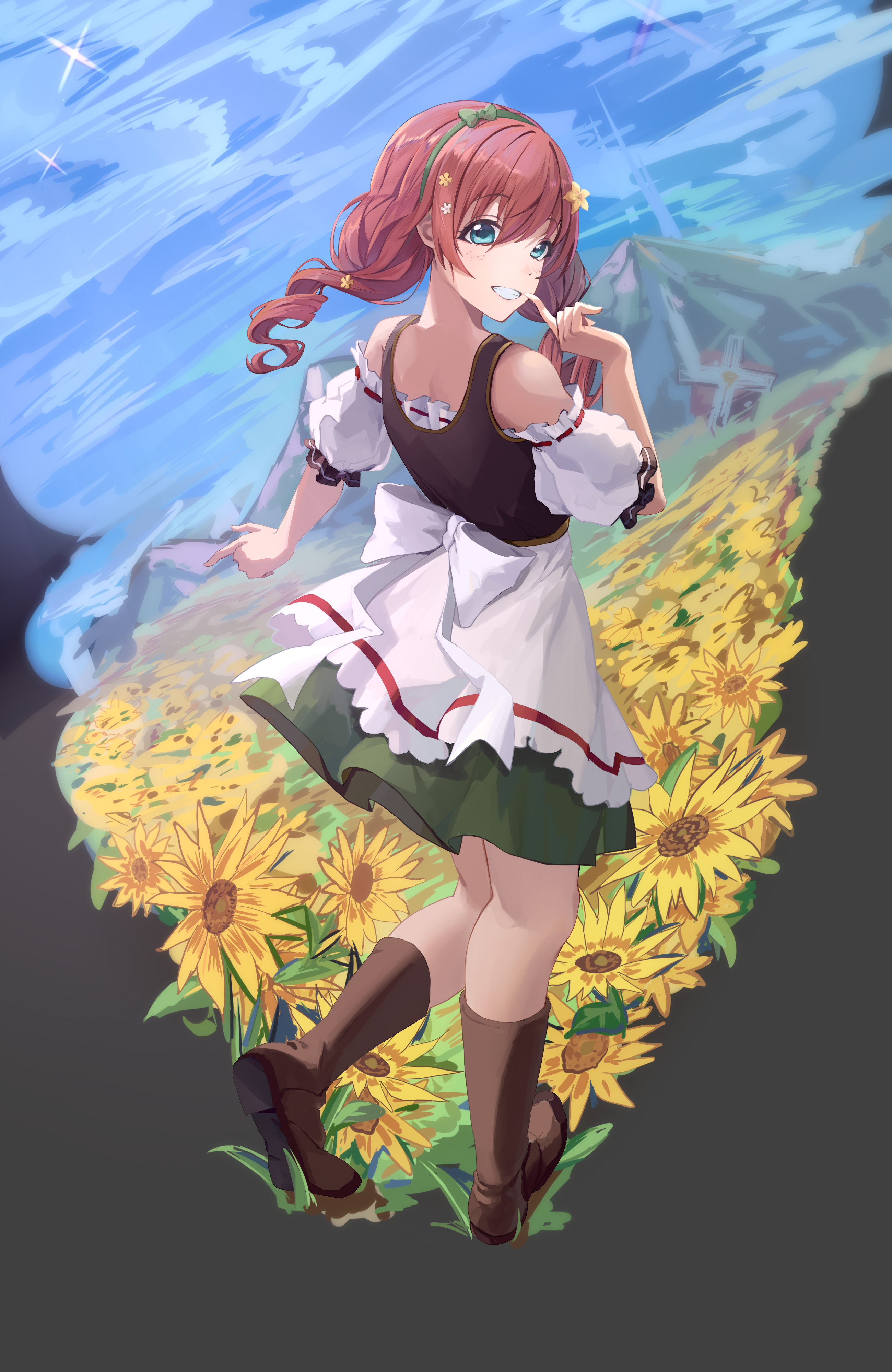 Anime Anime Girls Flowers Dandelion Redhead Blue Eyes Mountains Flower In Hair Boots 2600x4000