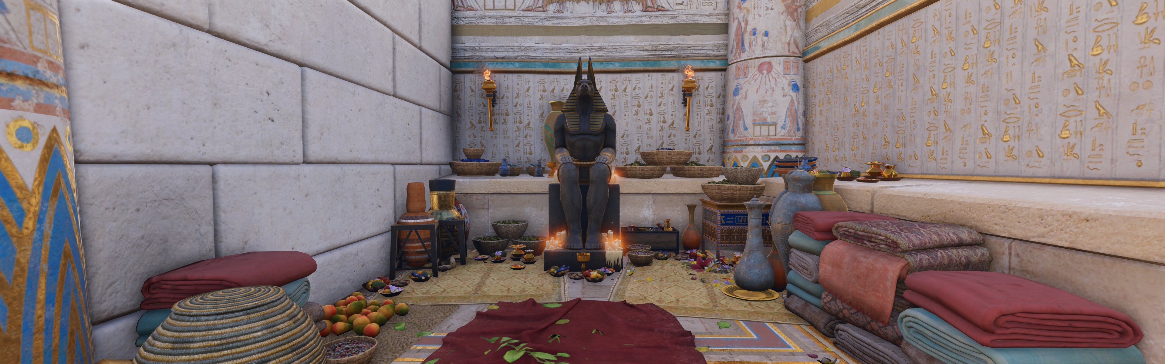 Egypt Pyramid Wide Angle Assassins Creed Origins Video Games CGi Torches Towel Fruit Baskets 3840x1200