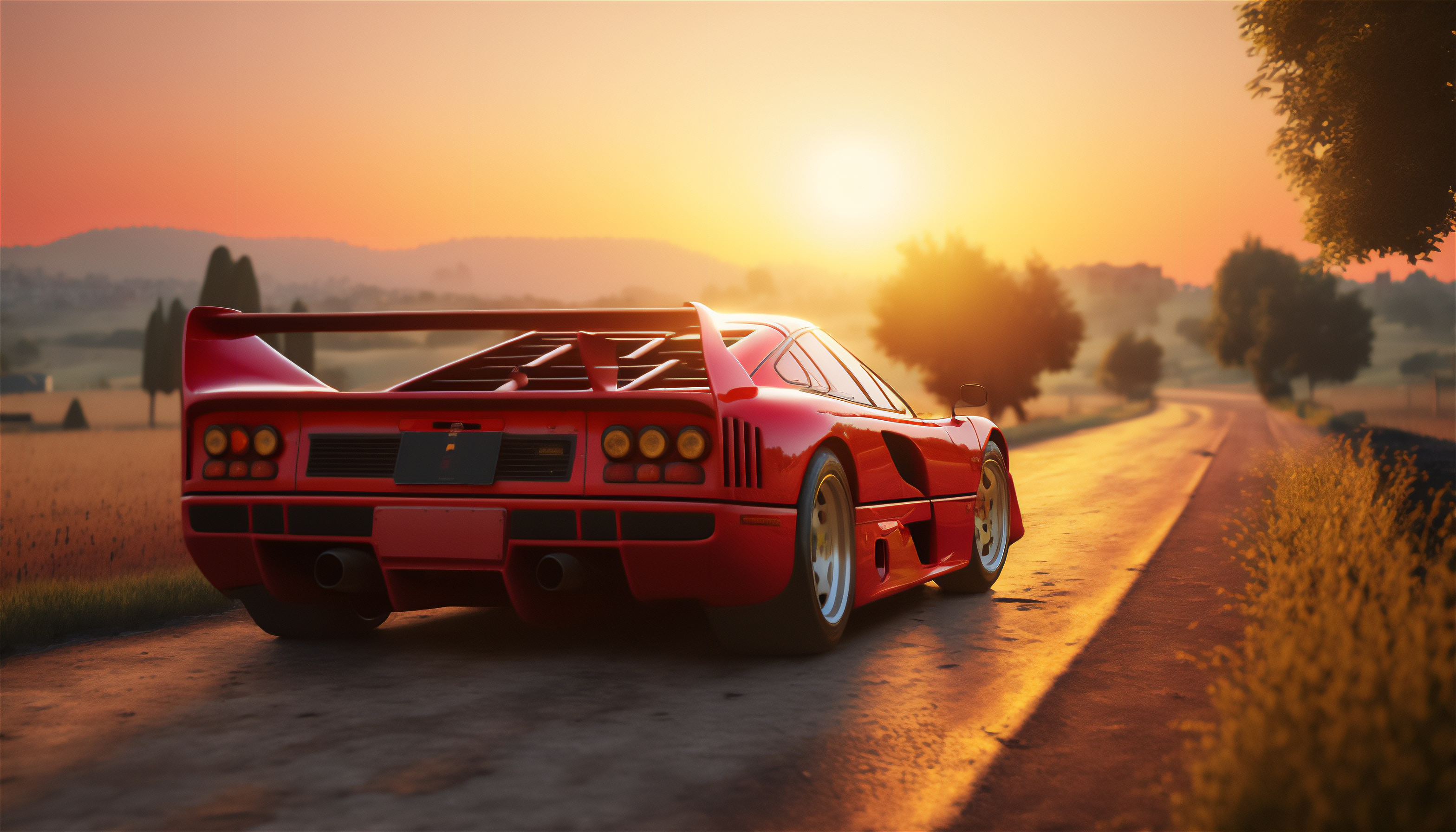 Ai Art Ferrari Road Sunset Car Sunset Glow 3136x1792