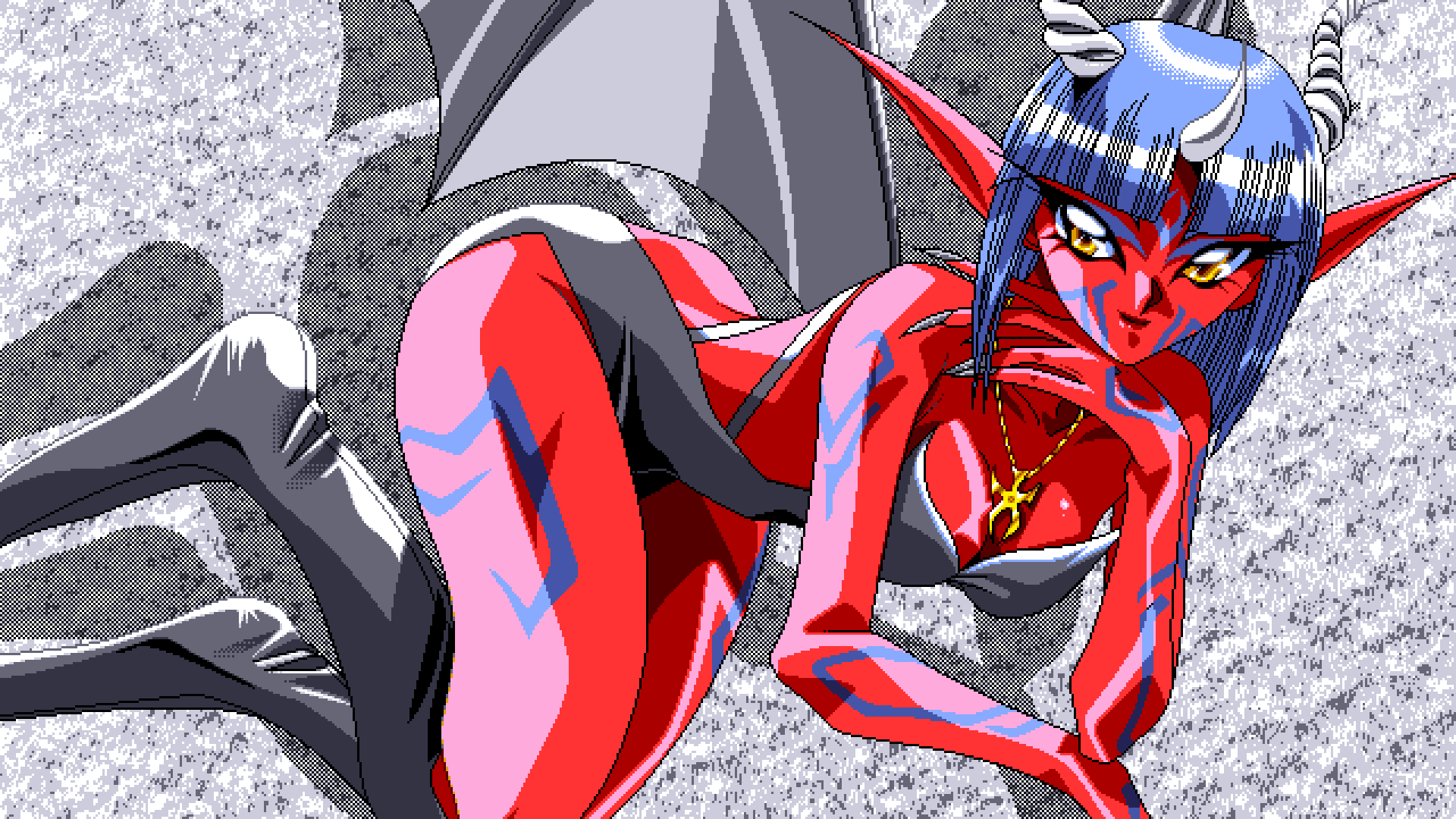 Pixel Art PC 98 Anime Girls Game CG Bat Wings Pointy Ears Red Skin Horns Necklace 1920x1080