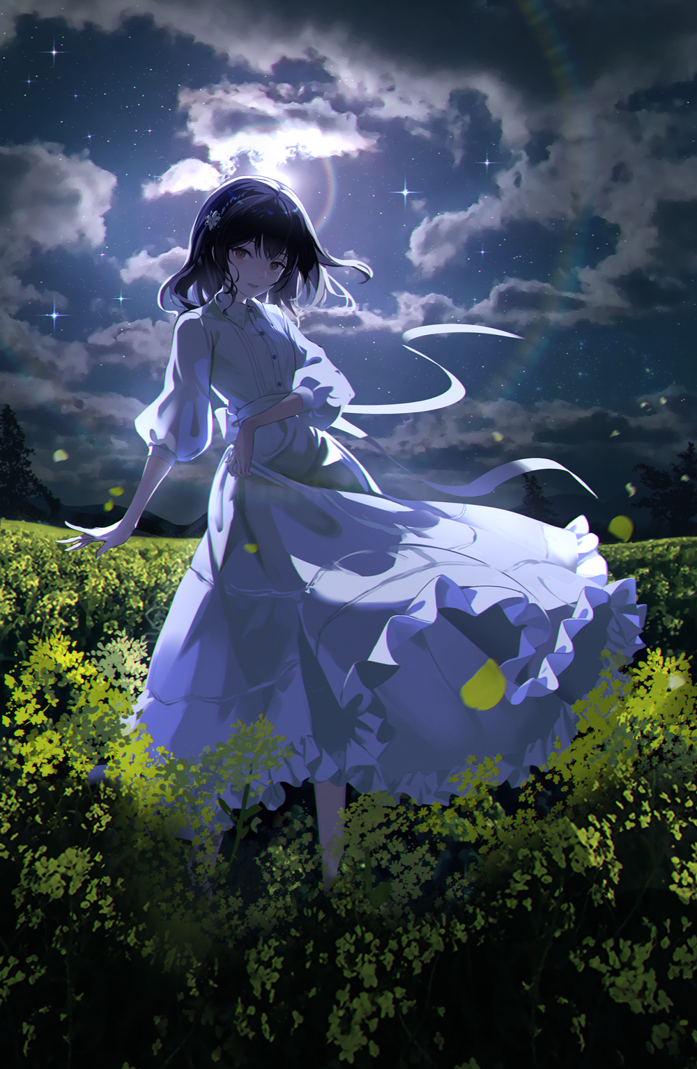 Niac Anime Girls Night Portrait Display Rinze Morino Field Leaves White Dress Dress Looking At Viewe 1000x1535