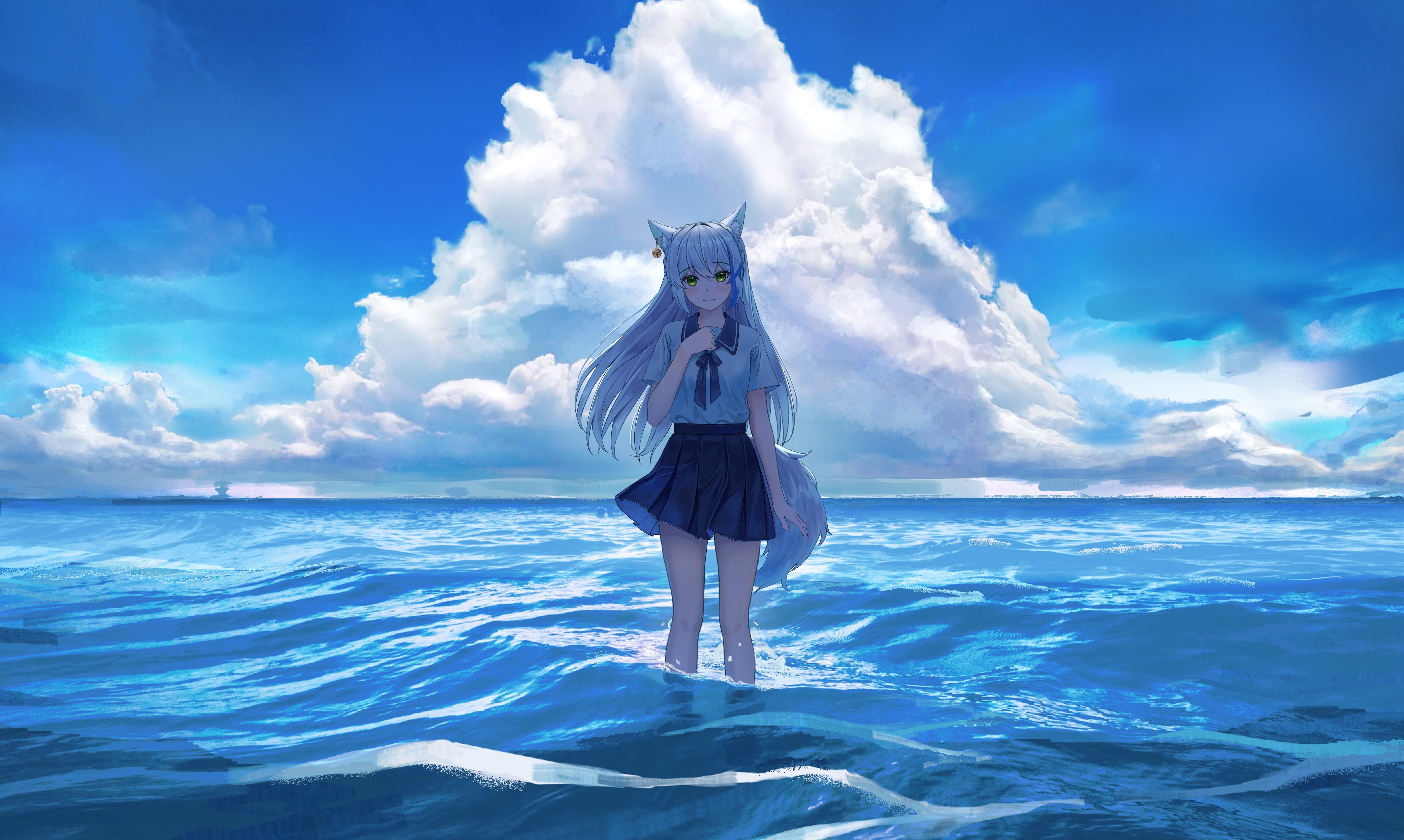 Anime Anime Girls School Uniform Schoolgirl Sea Sky Clouds Long Hair Cat Ears Tail Standing In Water 4168x2495