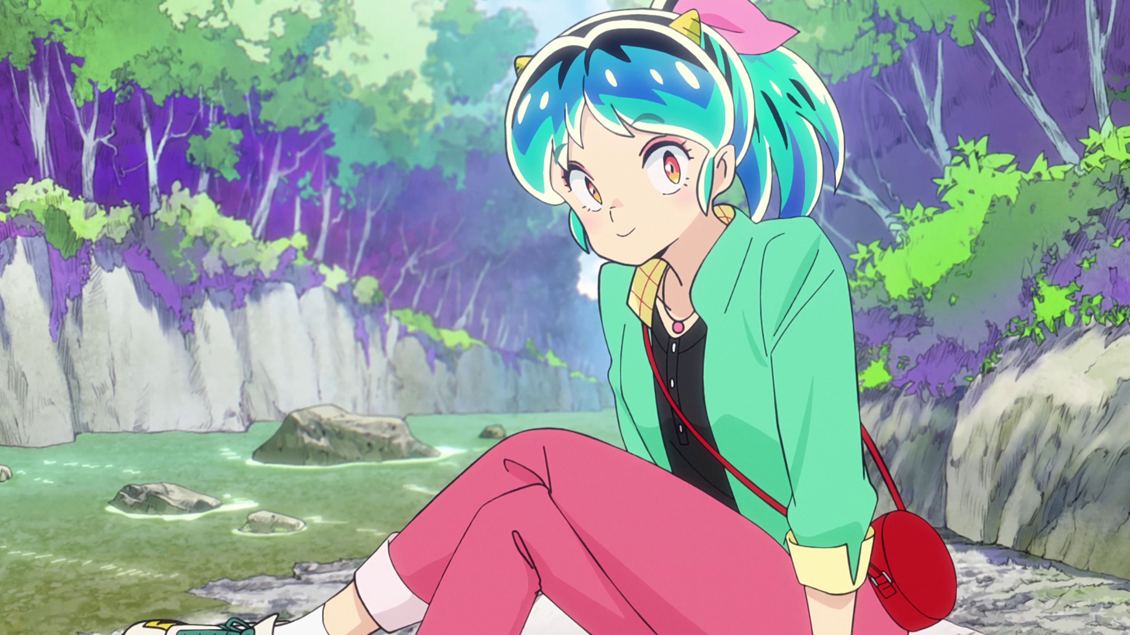Urusei Yatsura Anime Anime Girls Anime Screenshot Smiling Multi Colored Hair Water Trees Purse Horns 3840x2160