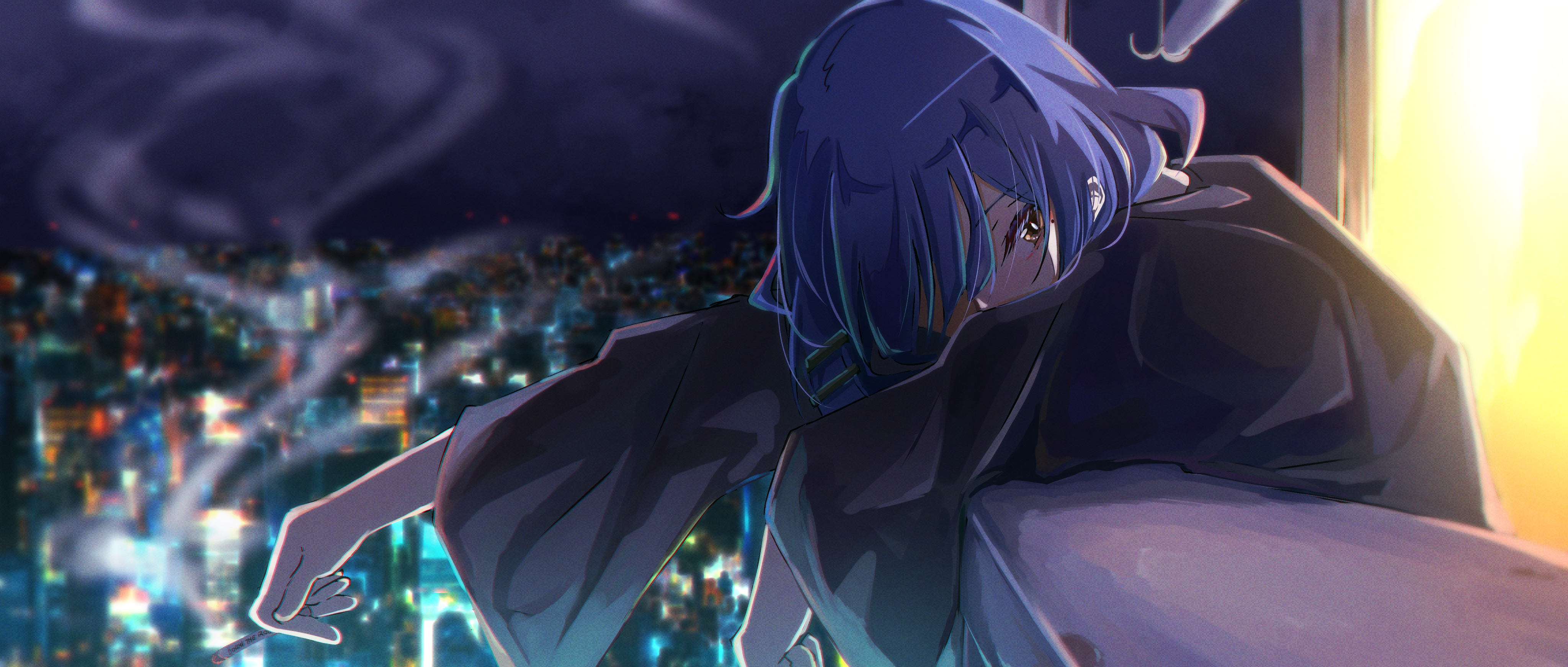 BOCCHi THE ROCK Anime Girls Anime Blue Hair Hair Over One Eye City Cigarettes City Lights 4096x1743