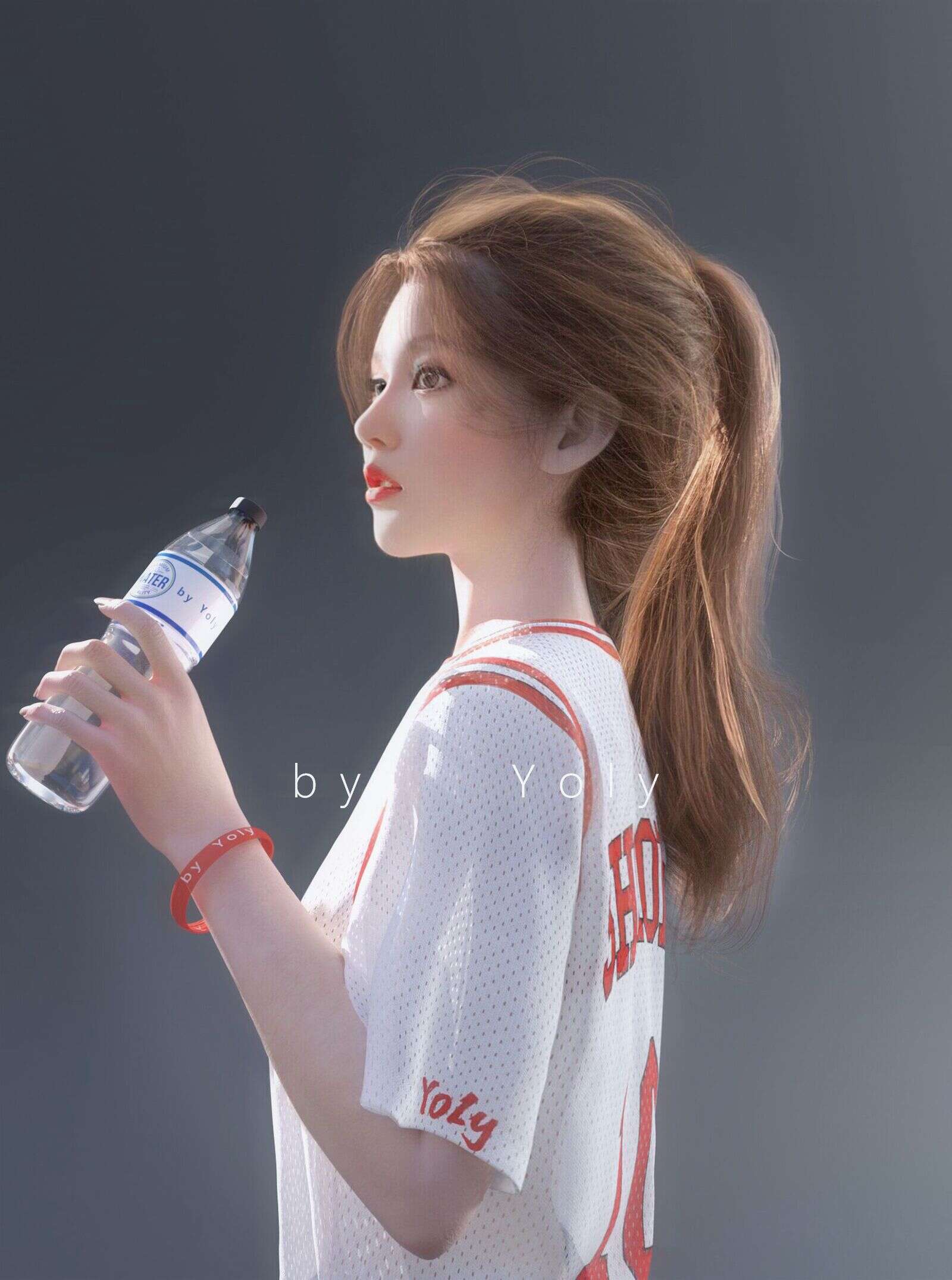 Yoly White Clothing Asian Simple Background Vertical Water Bottle CGi 1600x2151