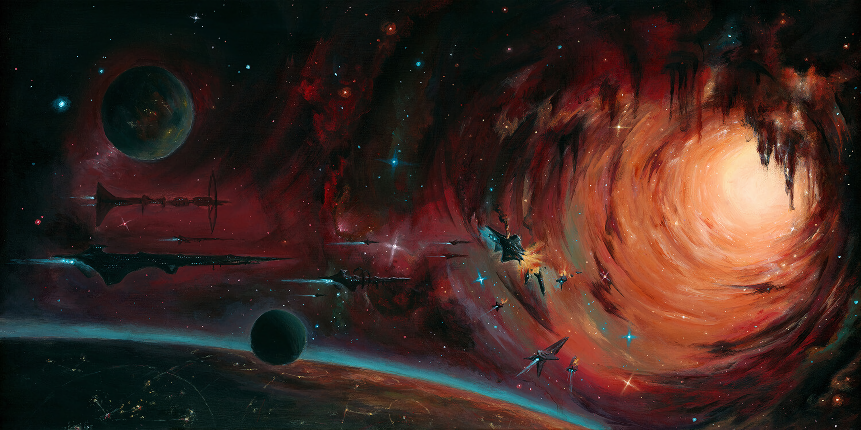 Planet Moon Stars Digital Art Spacescapes Science Fiction Cover Art Album Covers Thrash Metal Termin 3000x1500