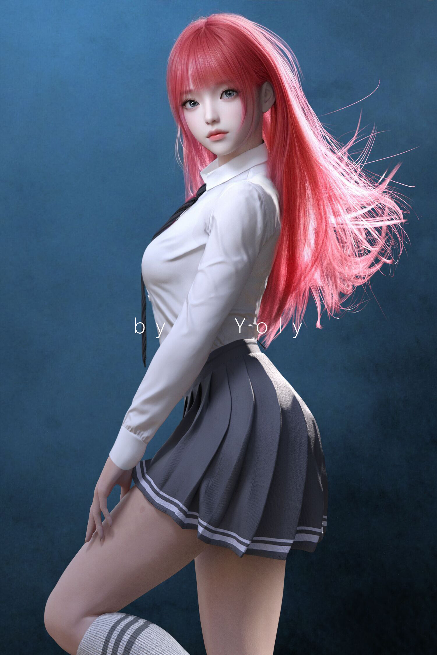 Yoly Digital Art Artwork Illustration Women School Uniform Redhead Long Hair Simple Background White 1500x2250