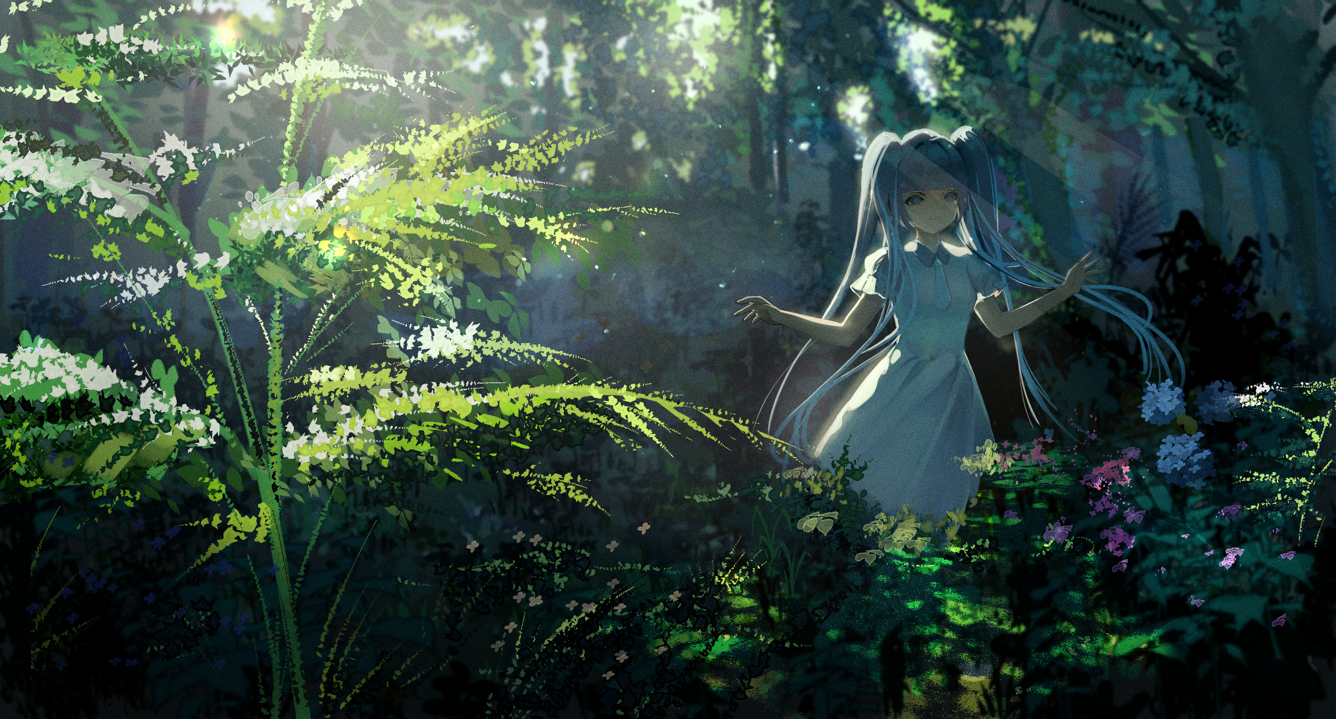 Anime Anime Girls Hatsune Miku Vocaloid Twintails Long Hair Blue Hair Blue Eyes Forest Sunlight Flow 2600x1400