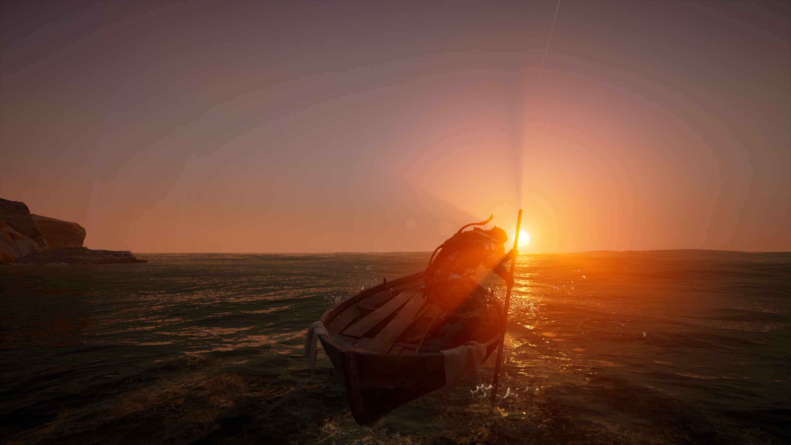 Screen Shot Assassins Creed Valhalla Boat Sunset Sun Rays Video Games 2560x1440