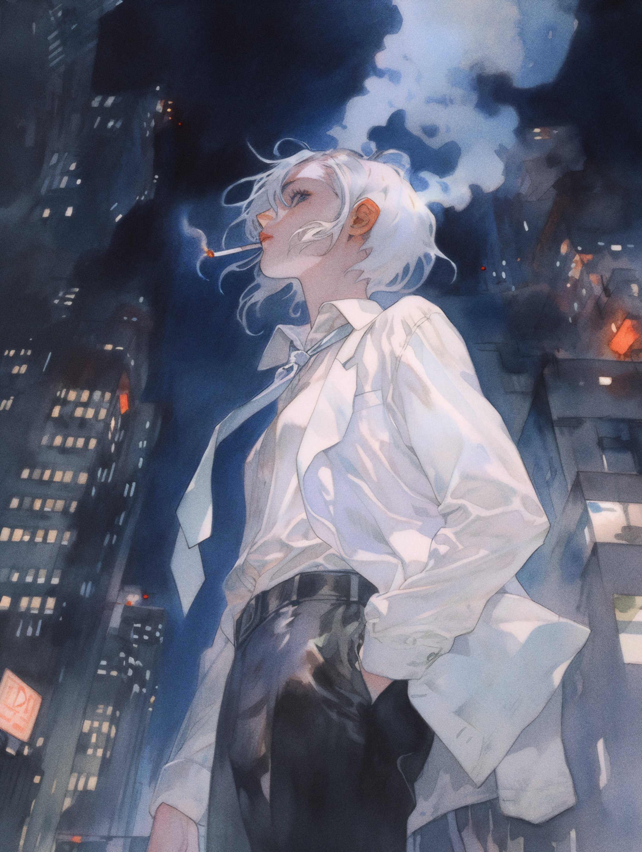 Axynchro Retro Style Anime Girls Portrait Display Cigarettes Smoking Smoke Building City Night Hands 2160x2867