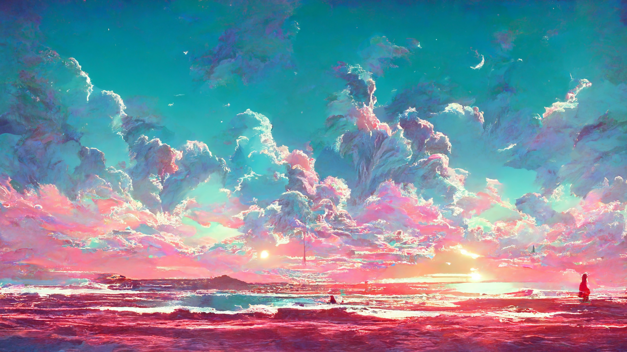 Ai Clouds Vaporwave Beach Sunset Sand Moon Suns Bright Colorful Pastel Waves 2048x1152
