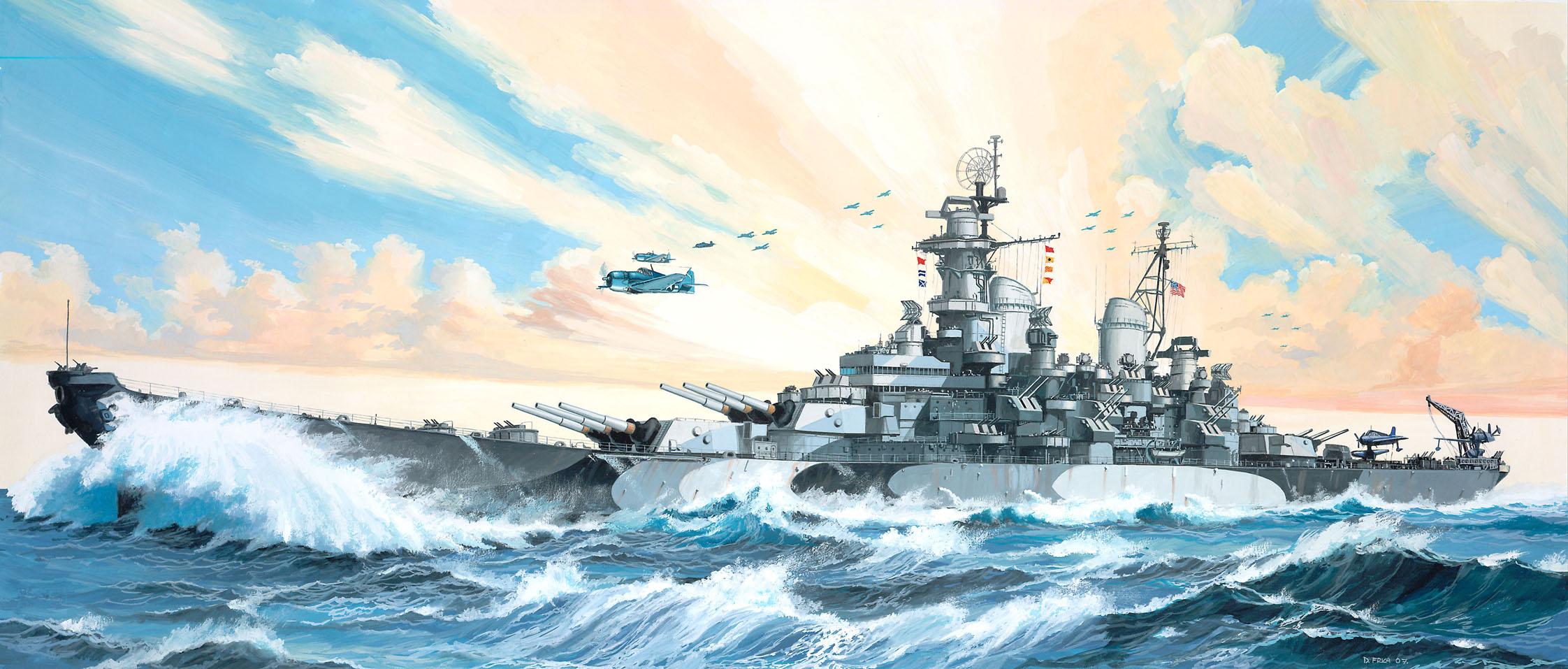 Warship Sea Aircraft Flying Sky Army Military Waves Water Clouds Artwork Flag Military Vehicle 2244x957