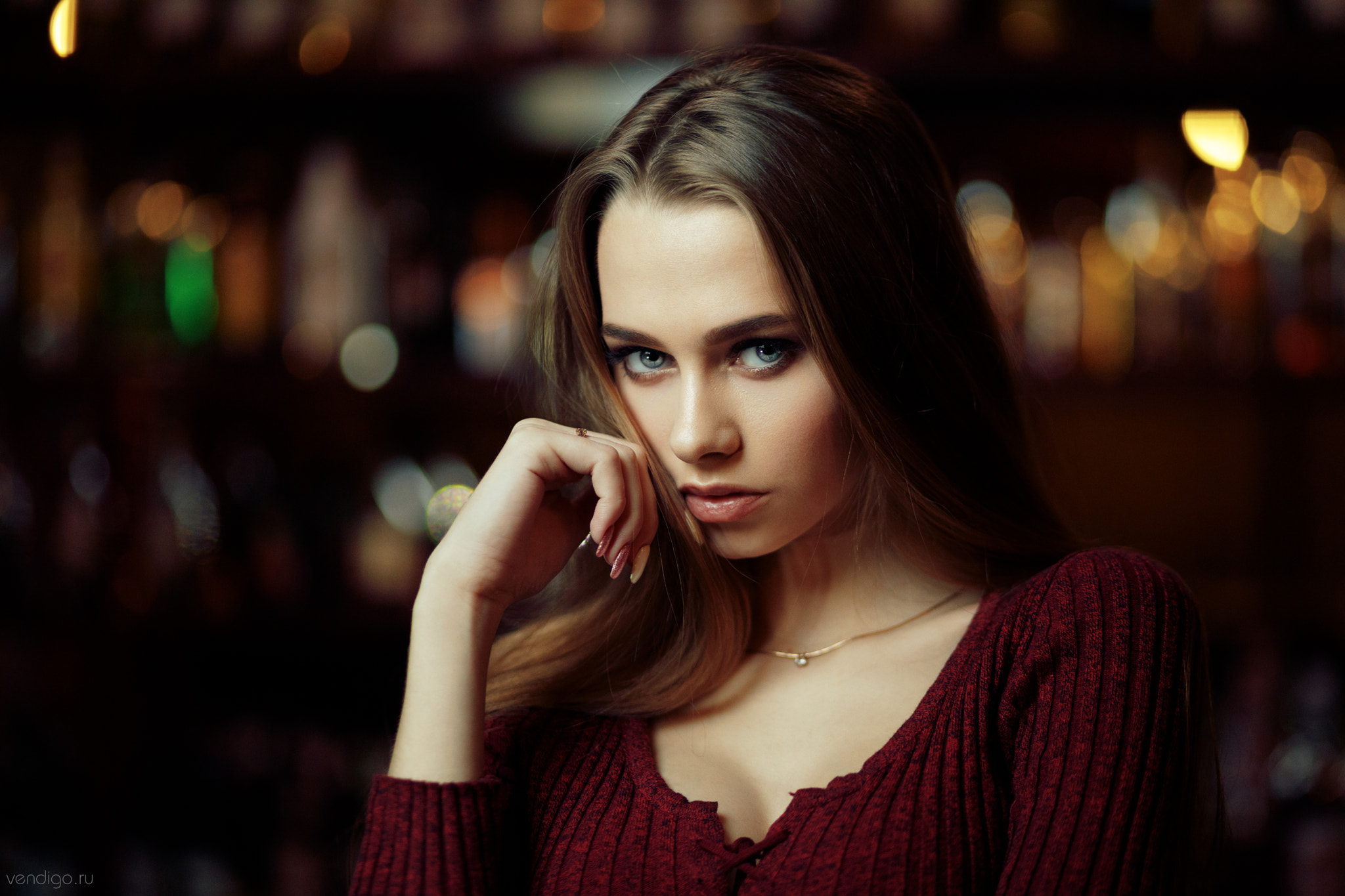 Evgeniy Bulatov Women Brunette Blue Eyes Red Clothing Necklace Portrait Depth Of Field Sweater 2048x1365