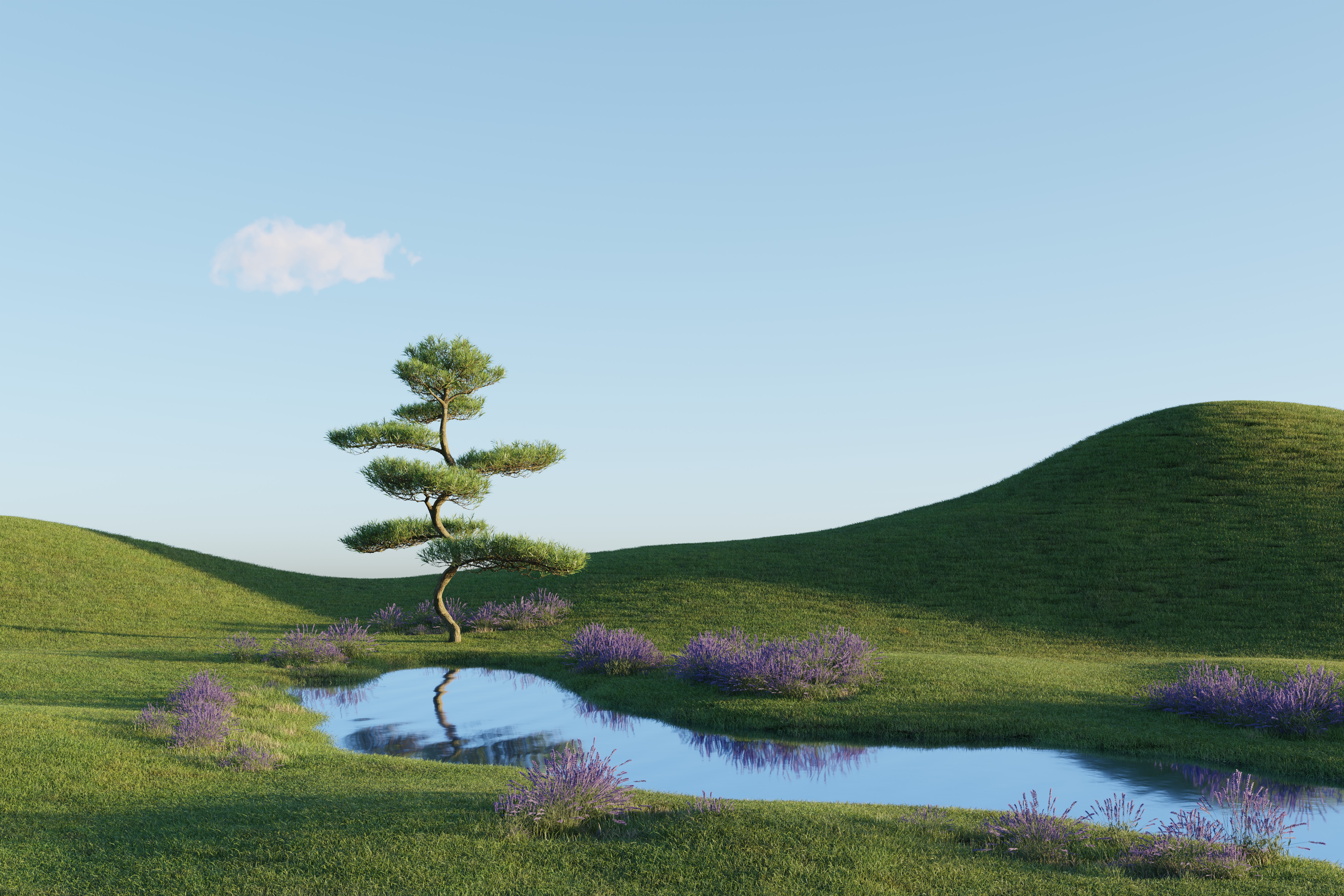 Digital Digital Art Artwork Render 3D Minimalism Nature Landscape Field Trees River Reflection Water 6000x4000