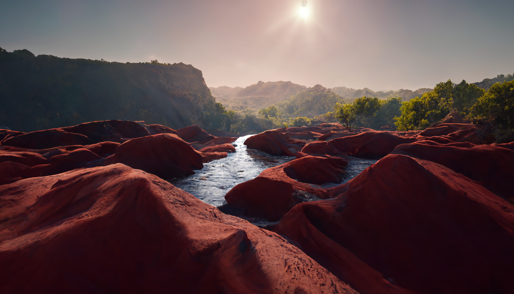 Red Canyon Trees Valley Landscape Render Artwork Ai River Water 1792x1024