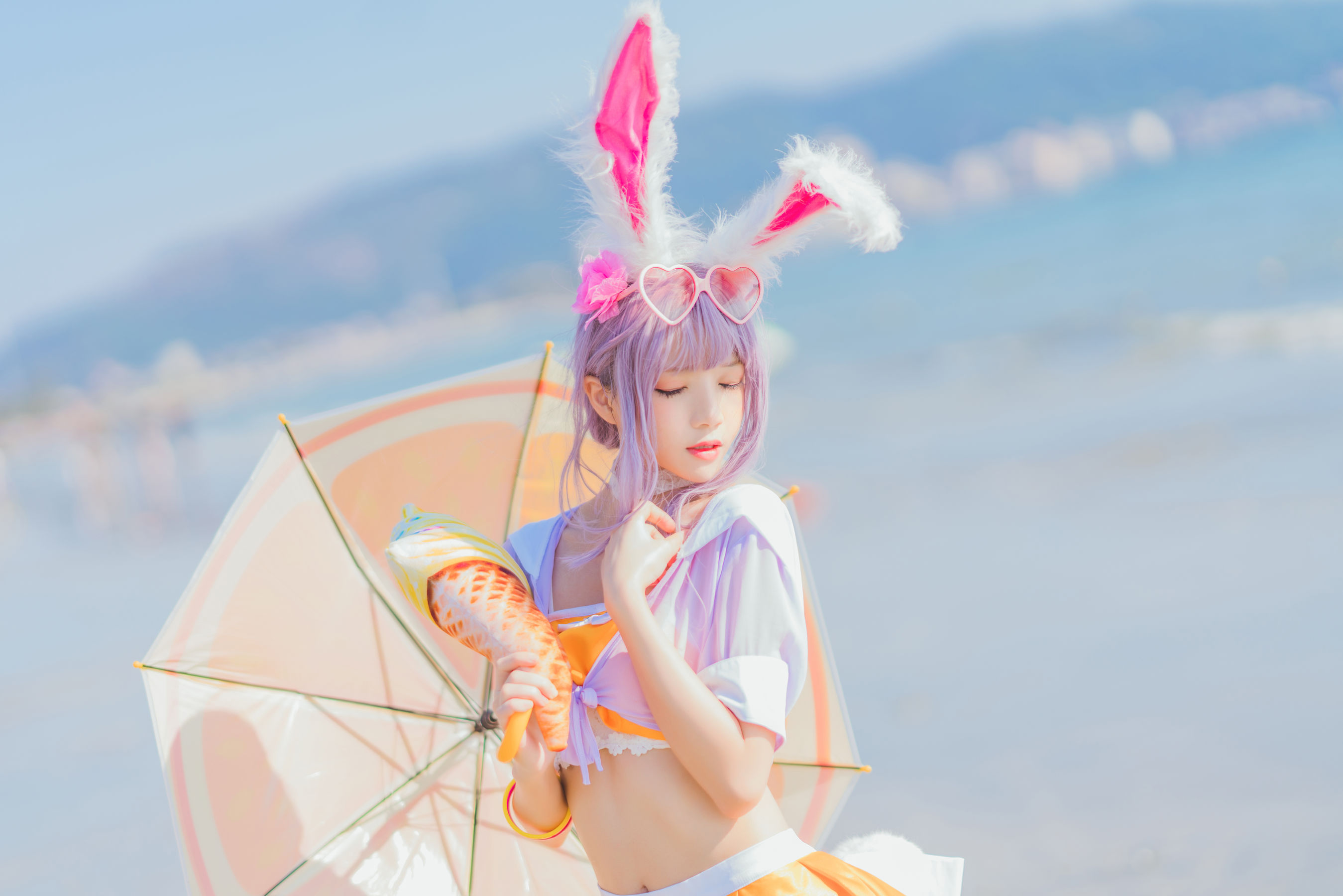 Women Model Asian Beach Purple Hair Bunny Ears Umbrella Women Outdoors Cosplay Sunlight 2698x1800