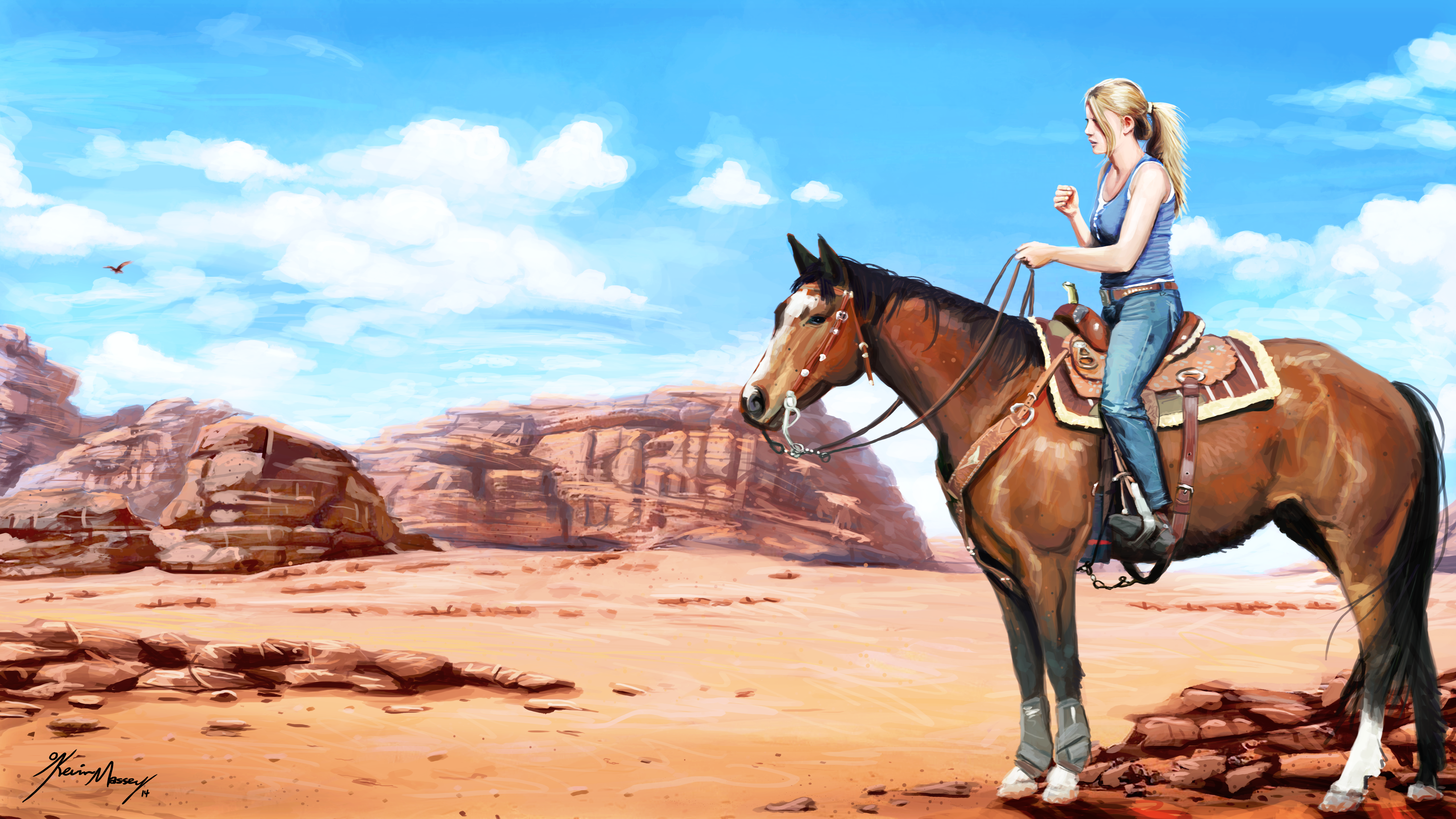 Outdoors Women Outdoors Clear Sky Horse Riding Western Desert Digital Art Kev Art Horse Sky Clouds 5120x2880
