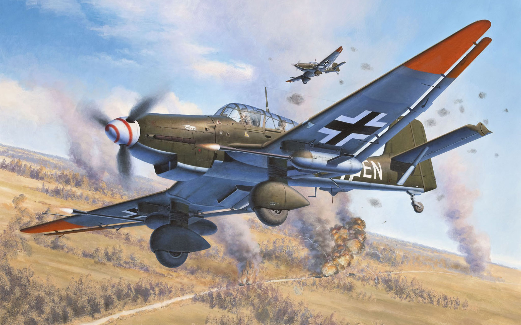 Aircraft Flying Sky Army Military Military Vehicle Clouds Explosion Artwork Smoke Junkers Ju 87 Stuk 1680x1050