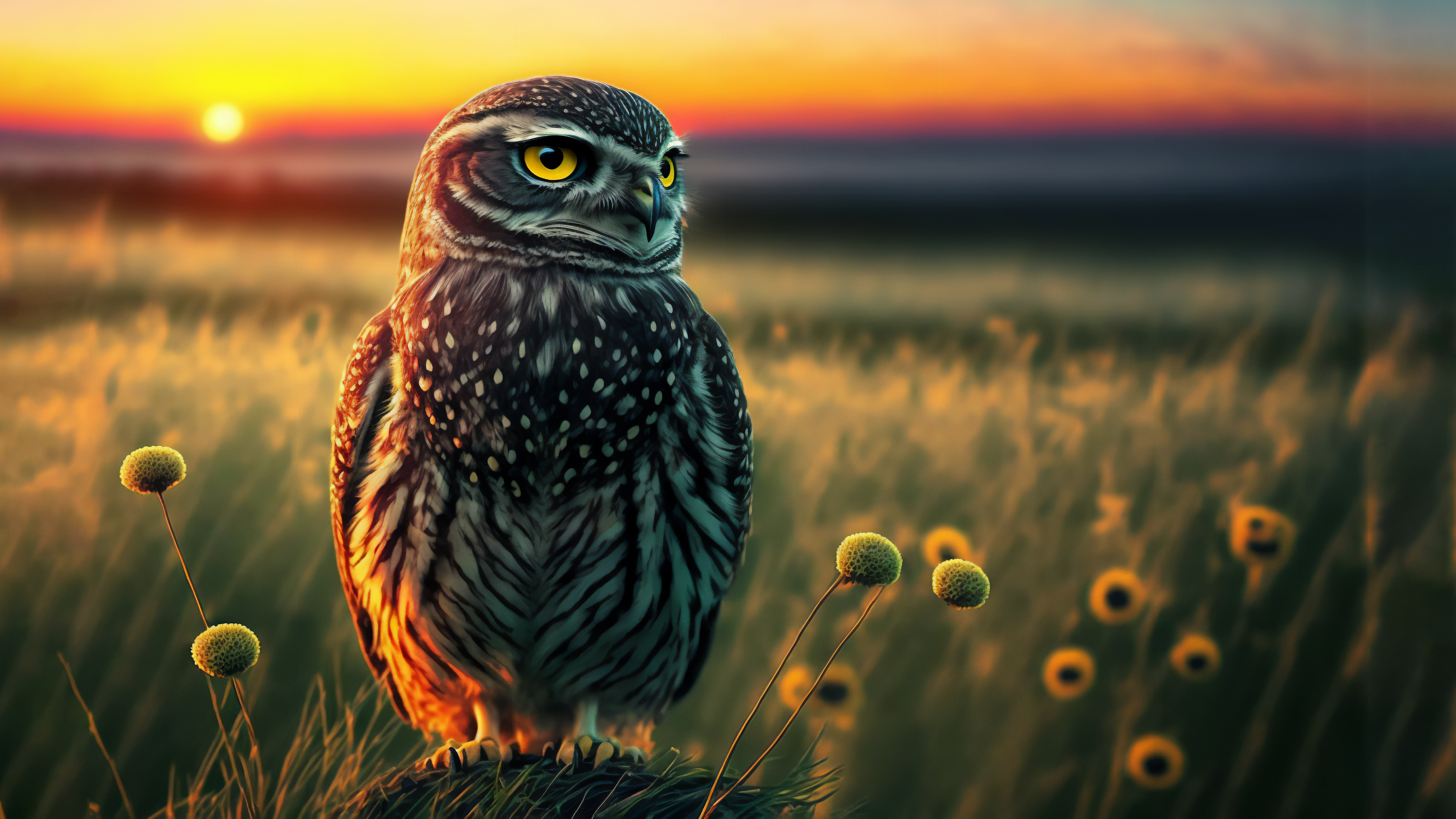 Ai Art Illustration Owl Field Sunset Animals Sun Sunset Glow 3461x1947