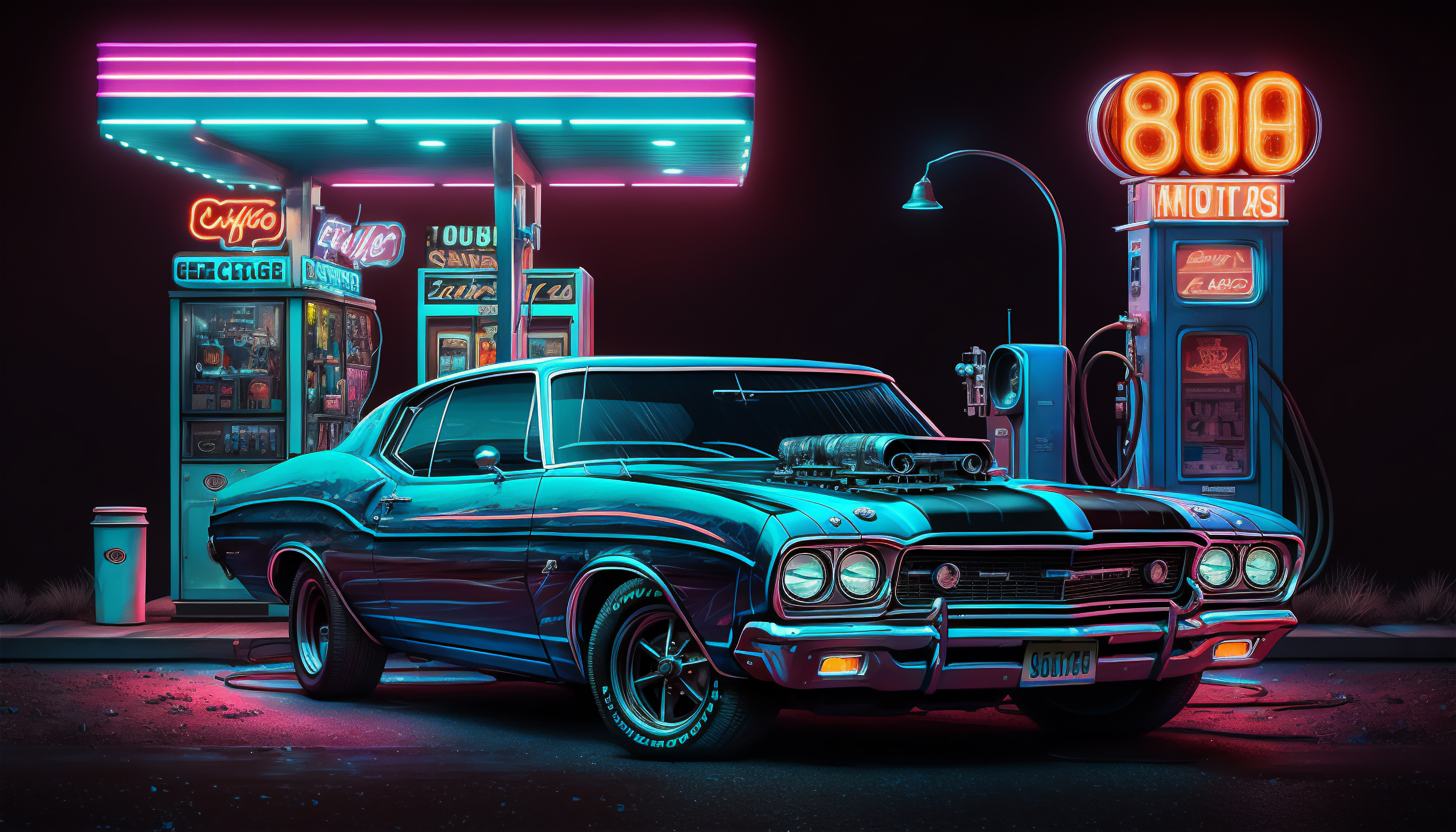 Ai Art Muscle Cars American Cars Gas Station Neon Reflection Night 3136x1792