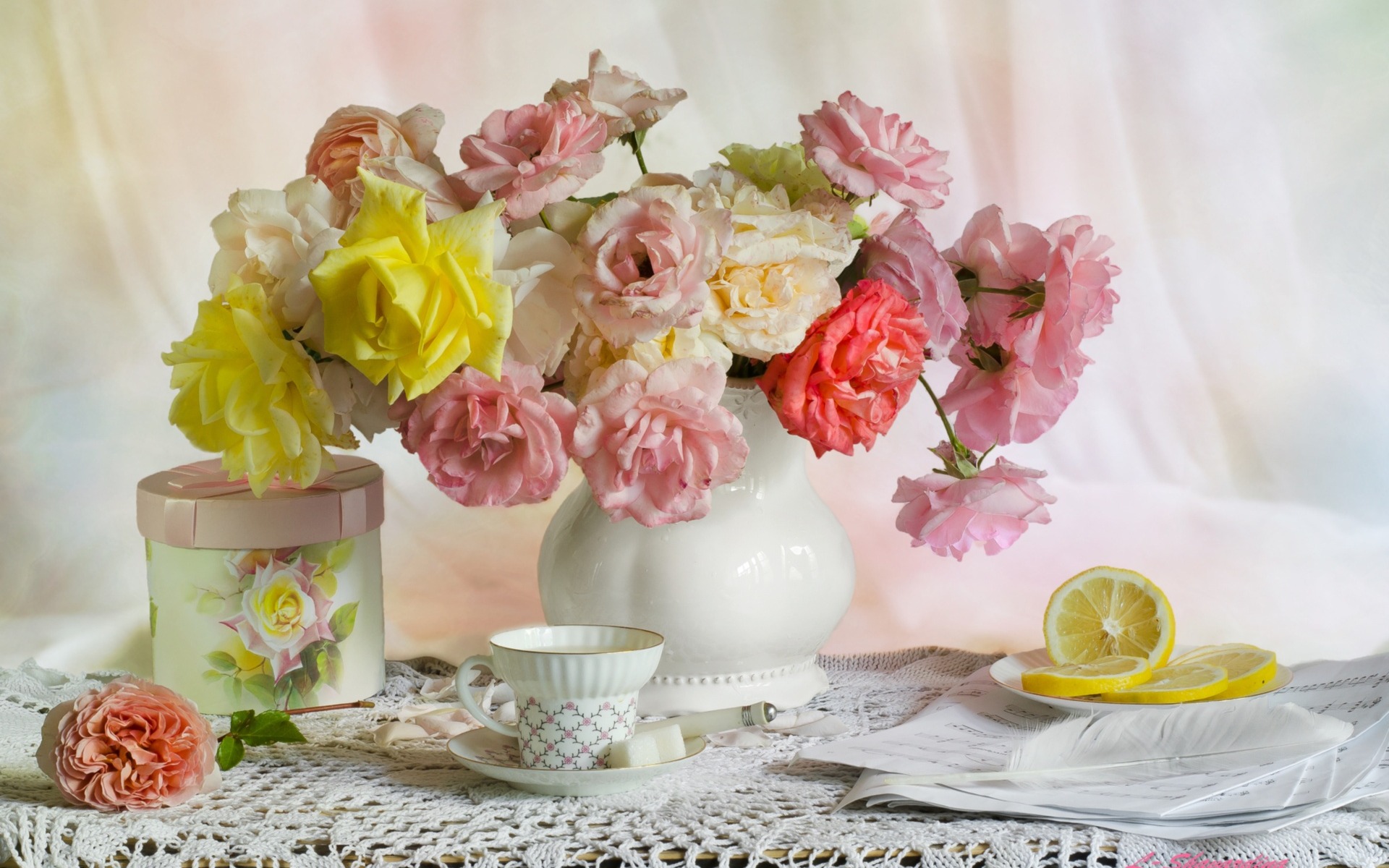 Bouquet Rose Vase Flower Tea Lemon Cup 1920x1200