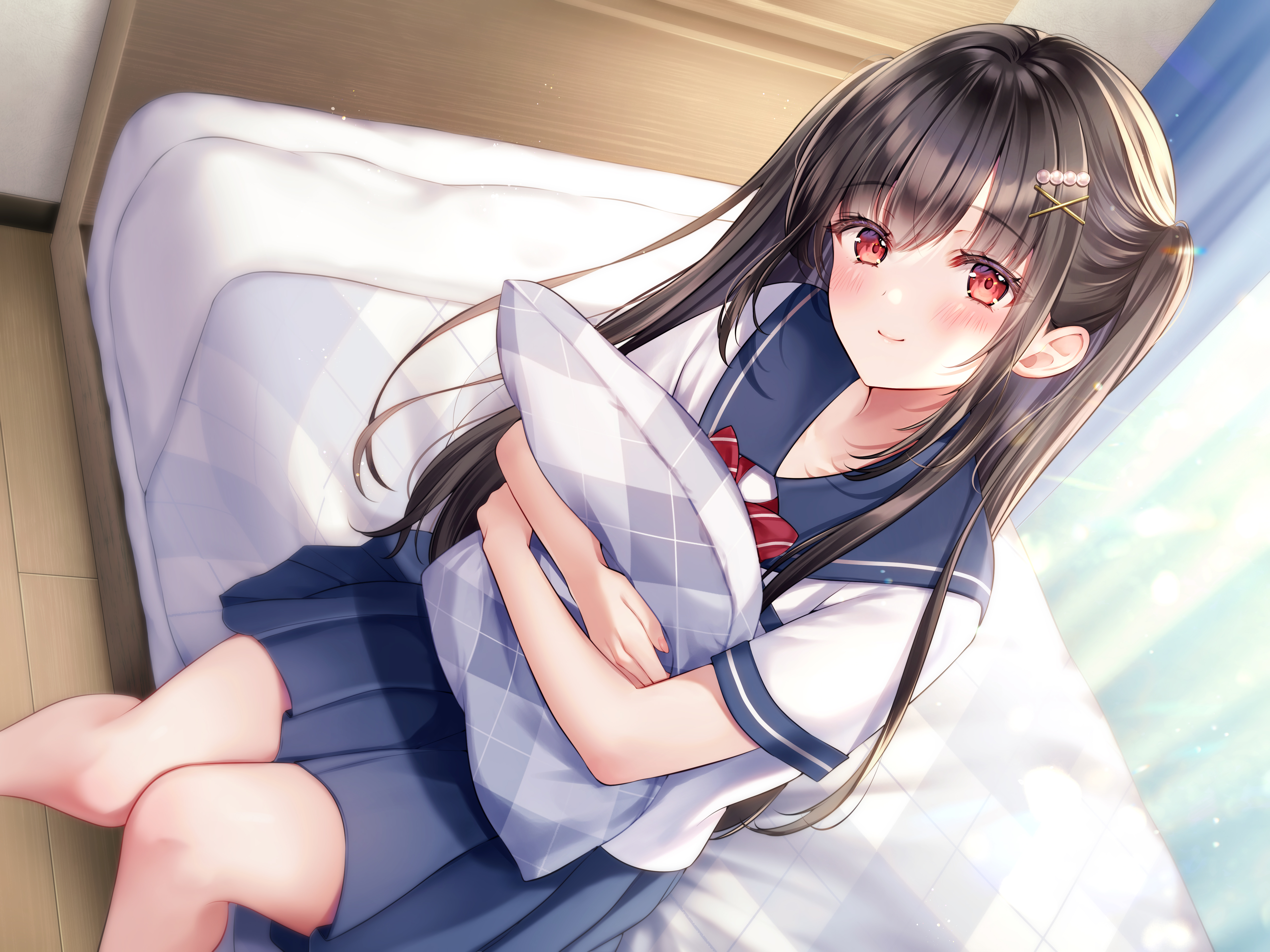 Anime Anime Girls High Angle In Bedroom Schoolgirl School Uniform Long Hair Smiling Blushing Looking 5000x3750