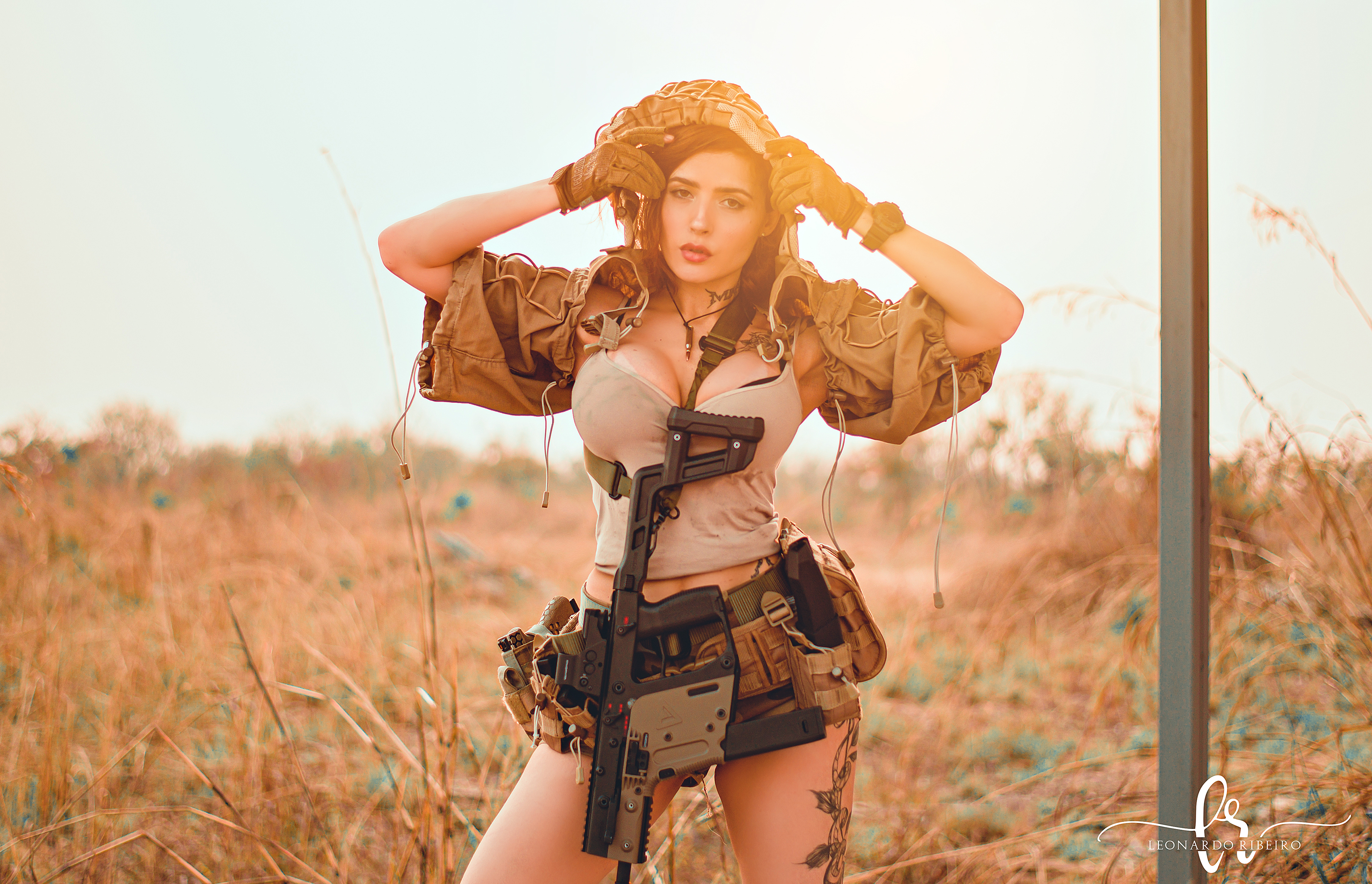 Women Model Redhead Women Outdoors Military Weapon Sunset Leonardo Ribeiro Tattoo Kriss Vector 3840x2475