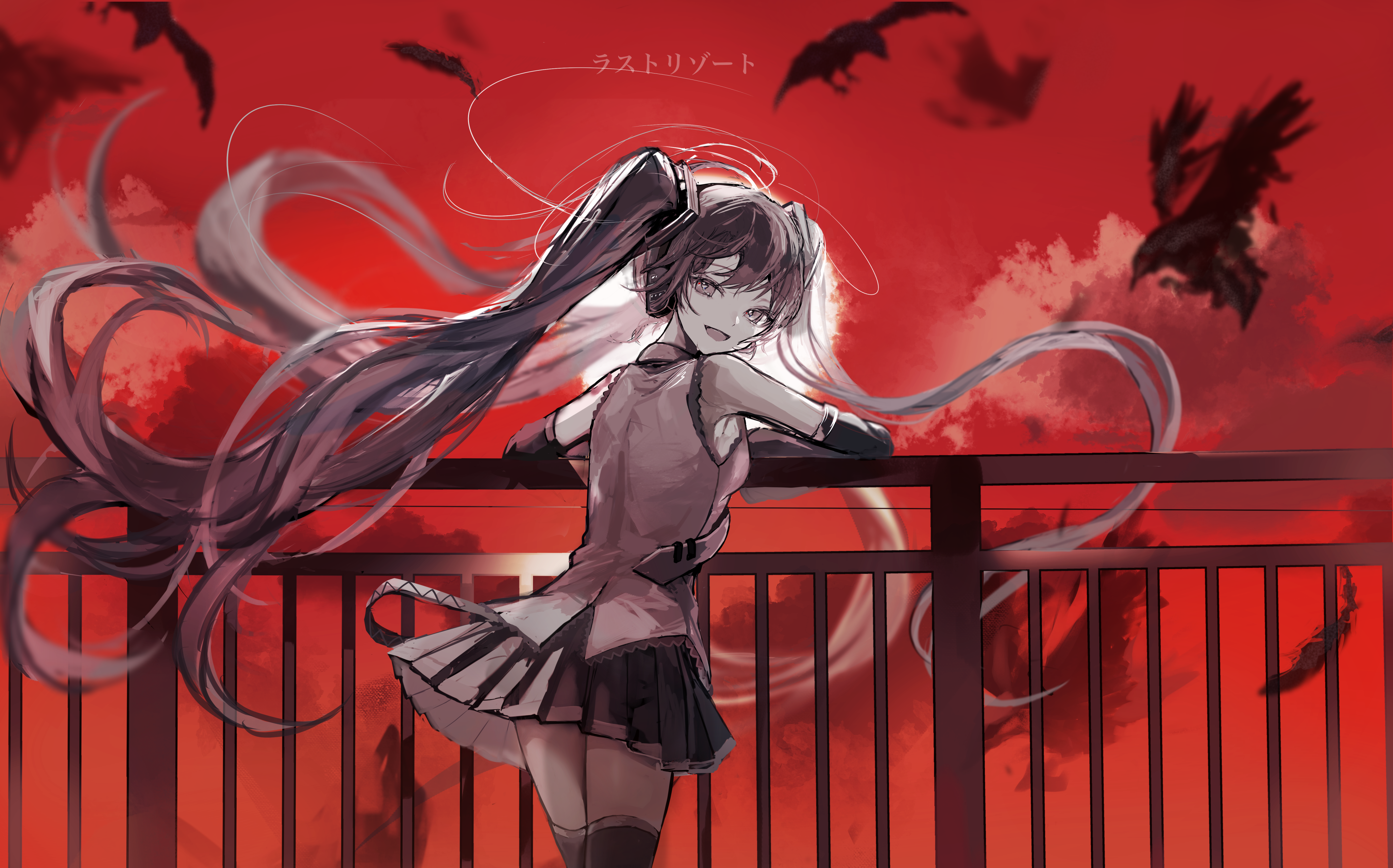 Hatsune Miku Anime Vocaloid Long Hair Looking At Viewer Twintails Open Mouth Raven Japanese Handrail 4096x2553