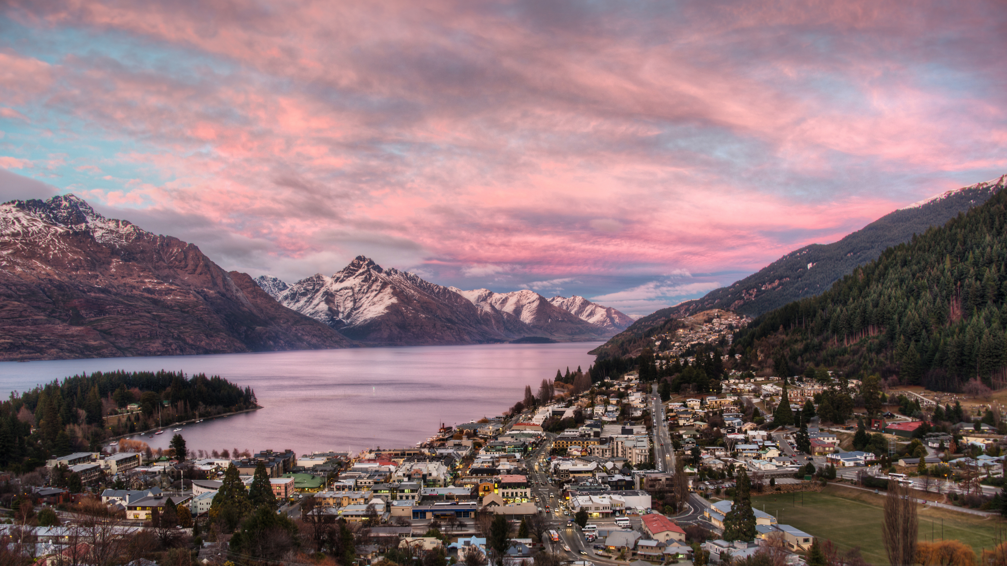 Landscape 4K Queenstown New Zealand City Mountains Snow Clouds Sky Sunset Glow 3840x2160