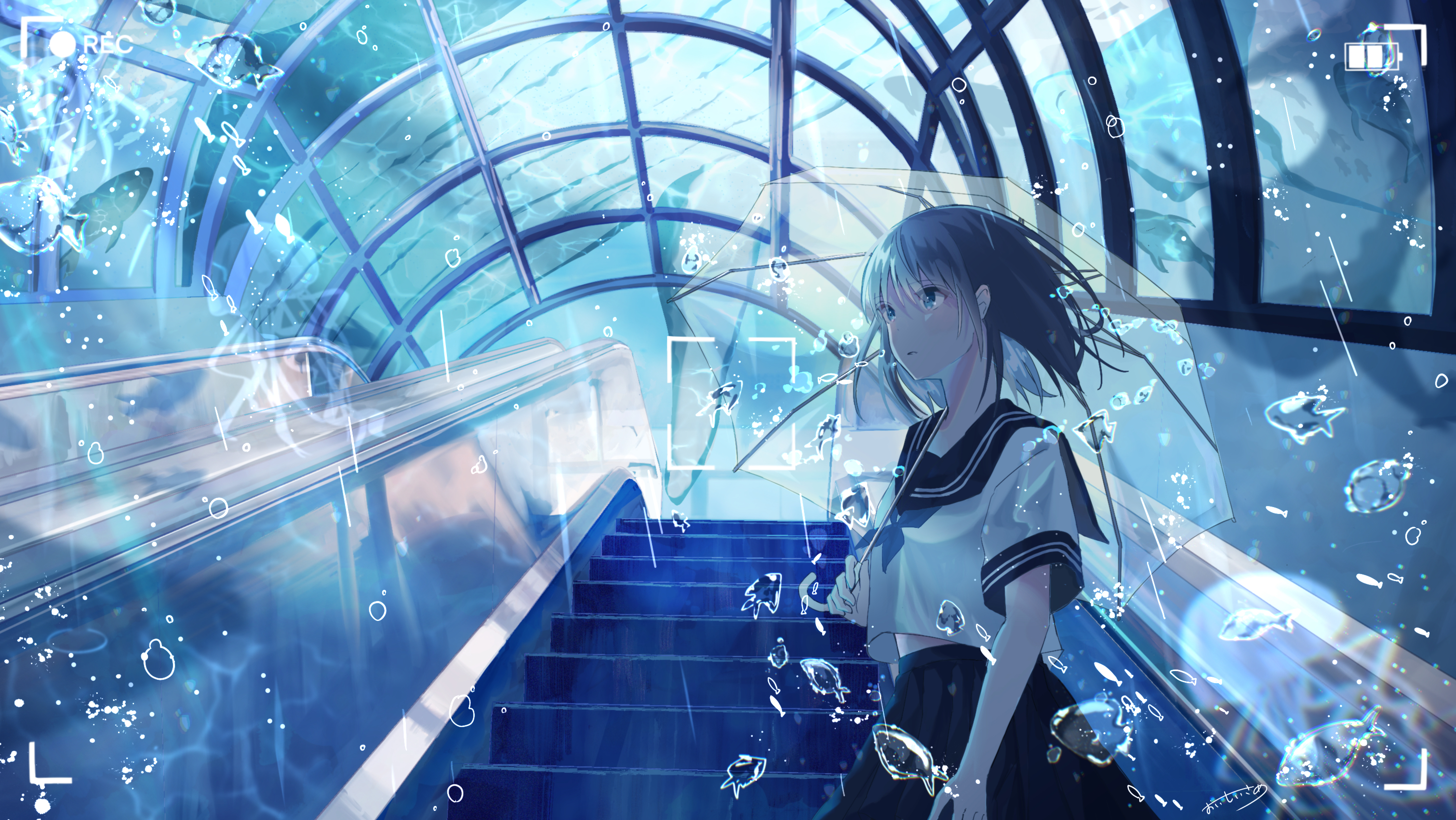 Anime Anime Girls Stairs Escalator Umbrella Fish Water Drops Looking Away Schoolgirl School Uniform  3021x1701