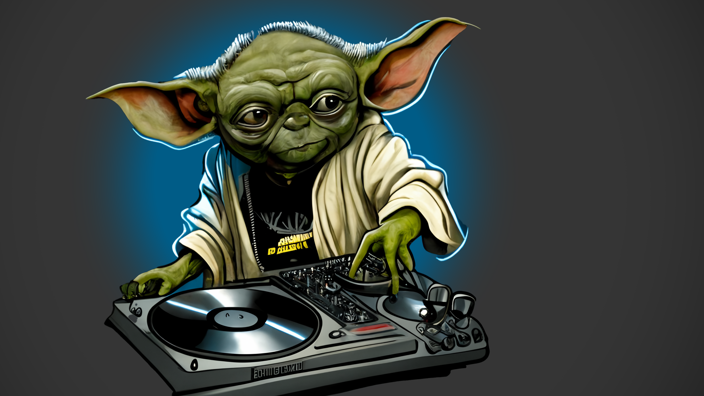 Ai Art Yoda Star Wars Disc Jockey Turntables DJ Minimalism Simple Background 2449x1378