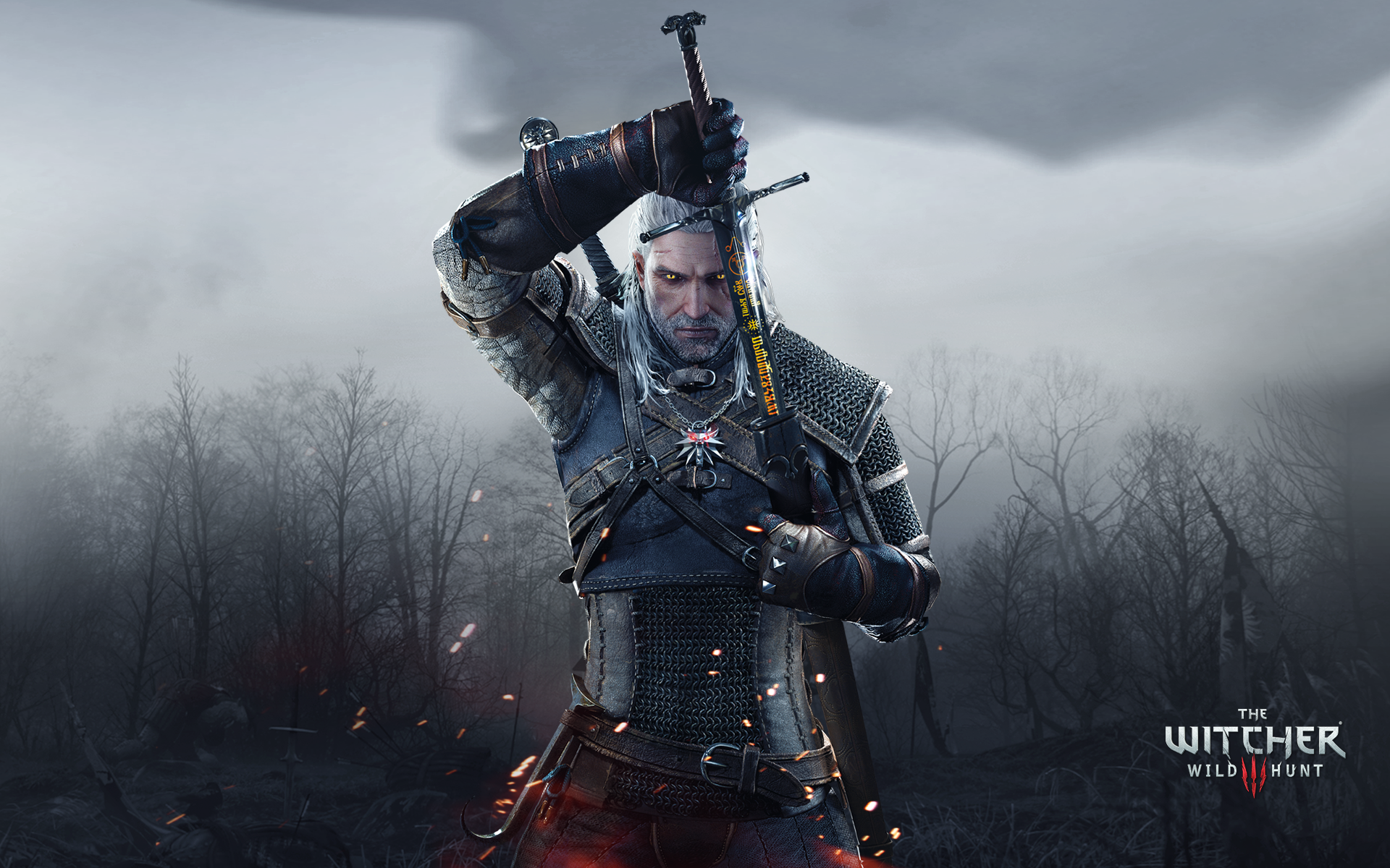 The Witcher 3 Video Games Geralt Of Rivia CD Projekt RED Armor Sword Weapon Logo Game Logo Trees Vid 1920x1200