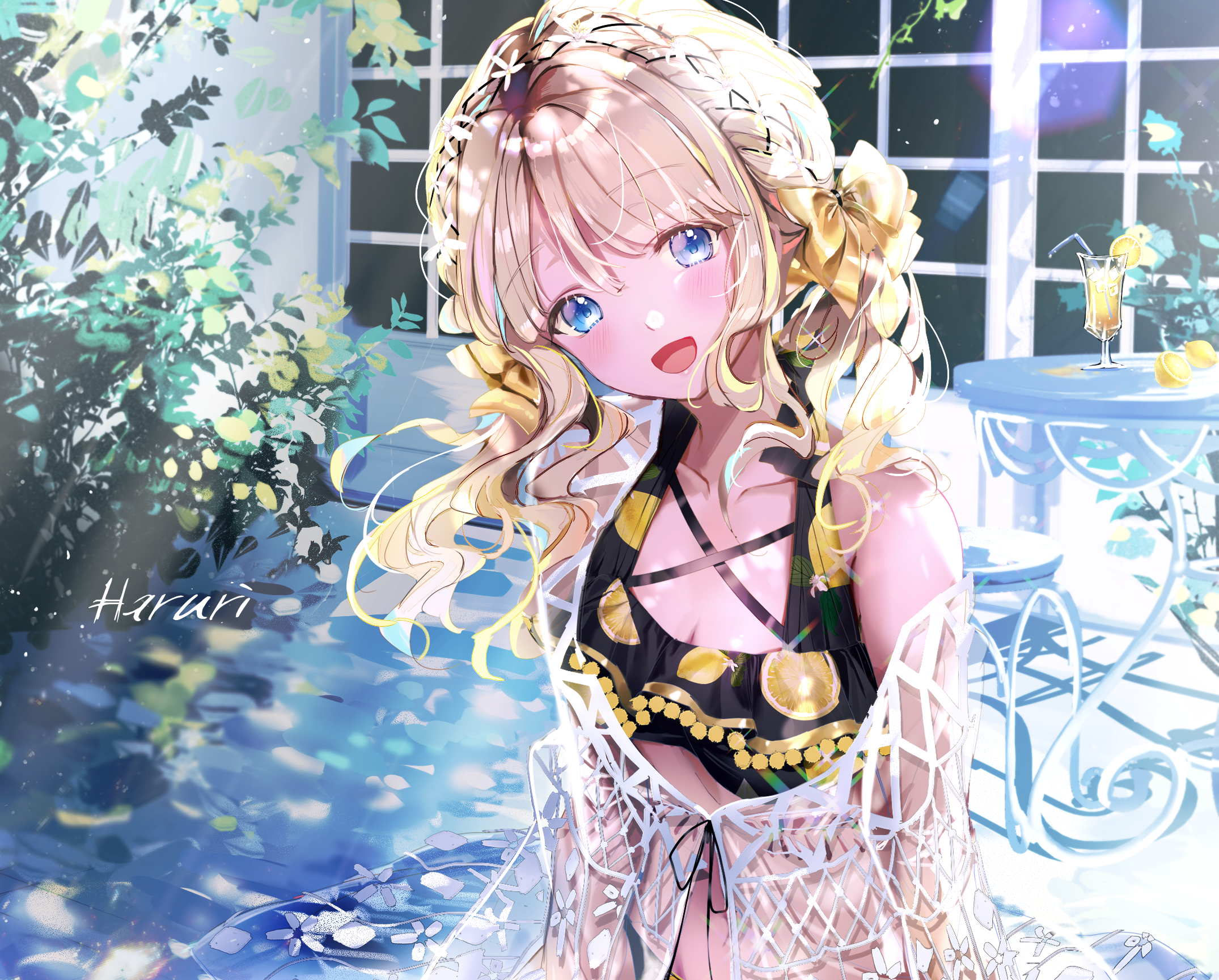 Anime Anime Girls Blonde Blue Eyes Signature Sunlight Open Mouth Blushing Looking At Viewer Table Ch 2150x1729