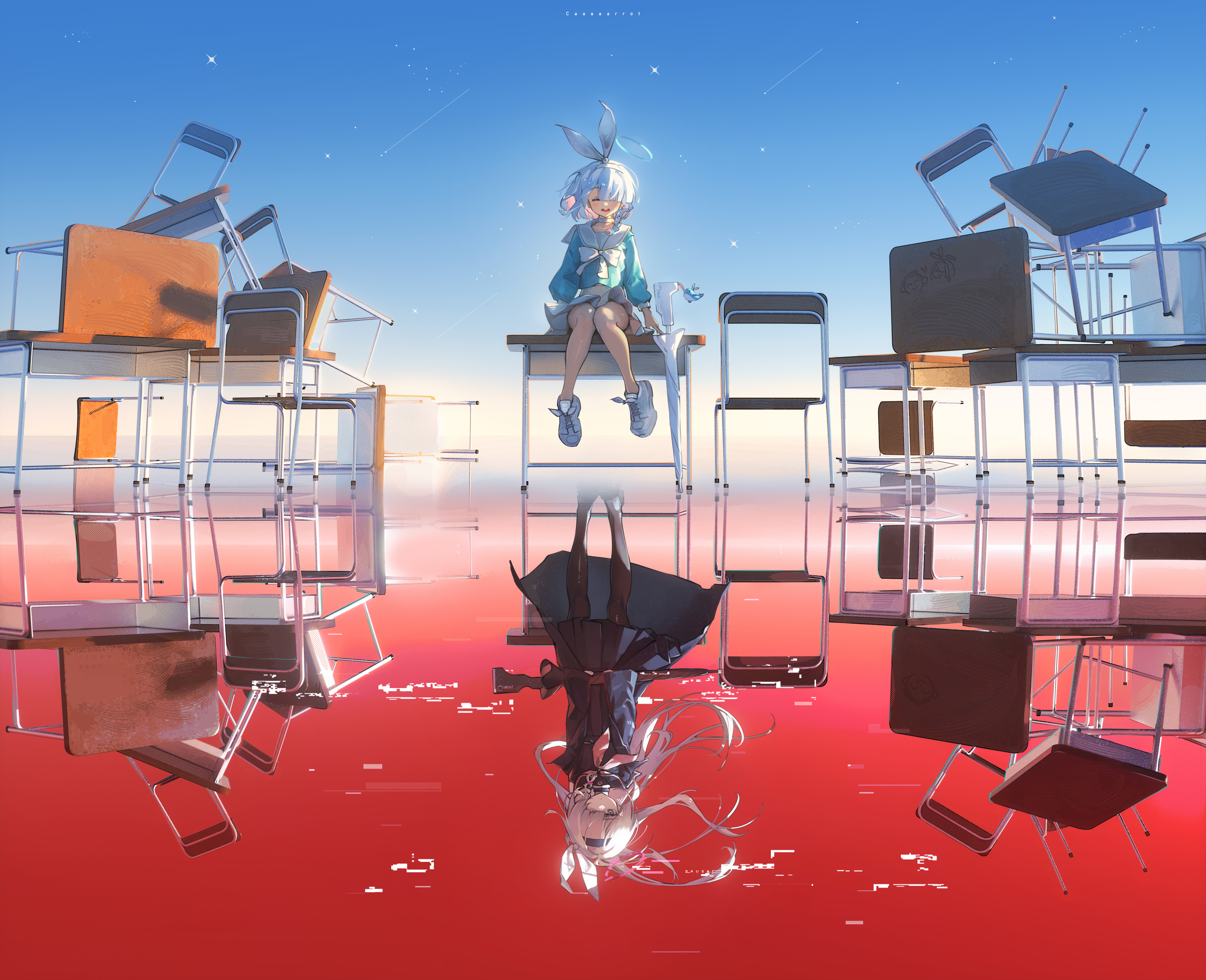 Anime Anime Girls Reflection Sitting Schoolgirl School Uniform Desk Chair Hair Over One Eye Bow Tie  5000x4065