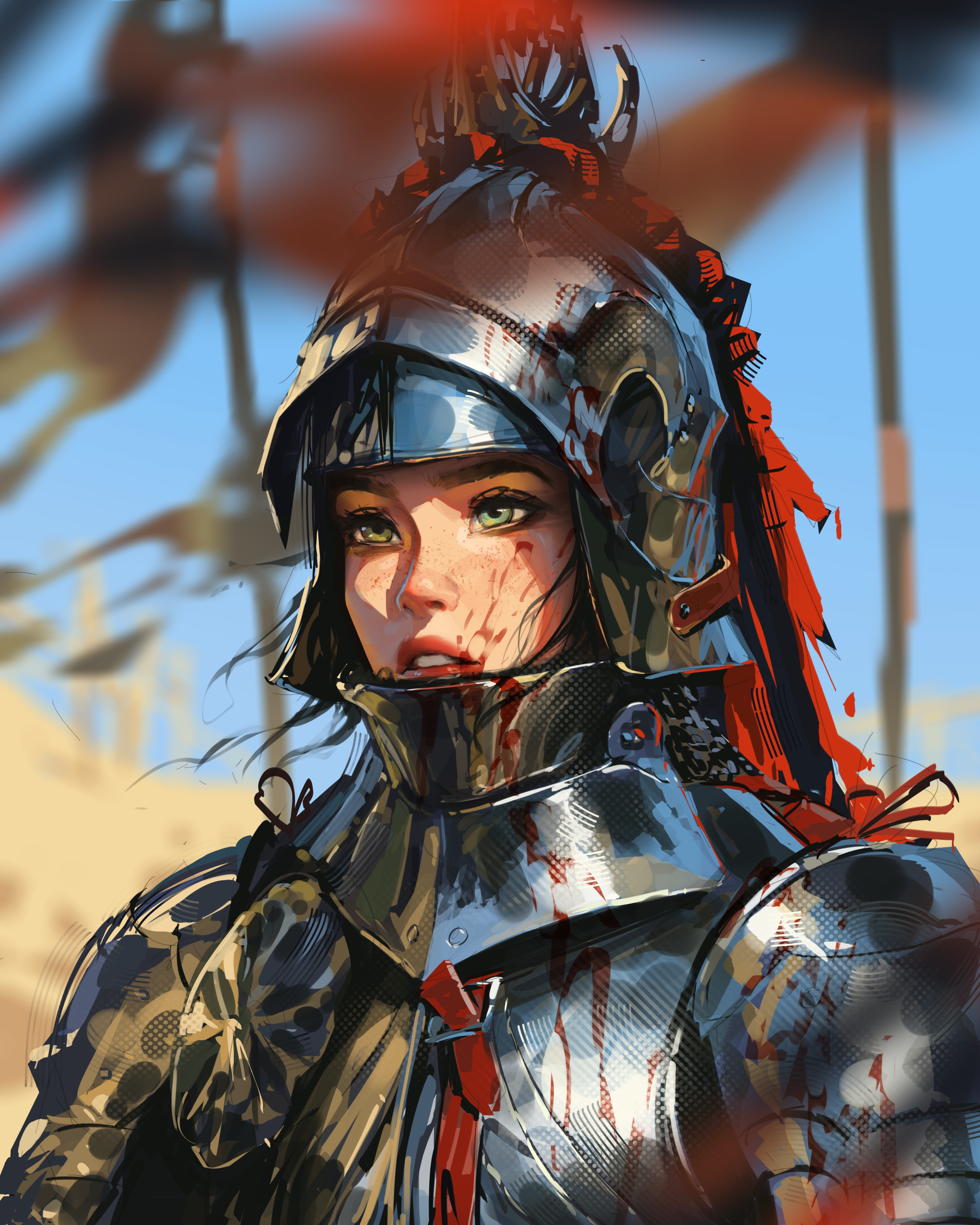 Sam Yang Digital Art Artwork Illustration Women Knight Armor Portrait Red Lipstick Freckles Medieval 4320x5400