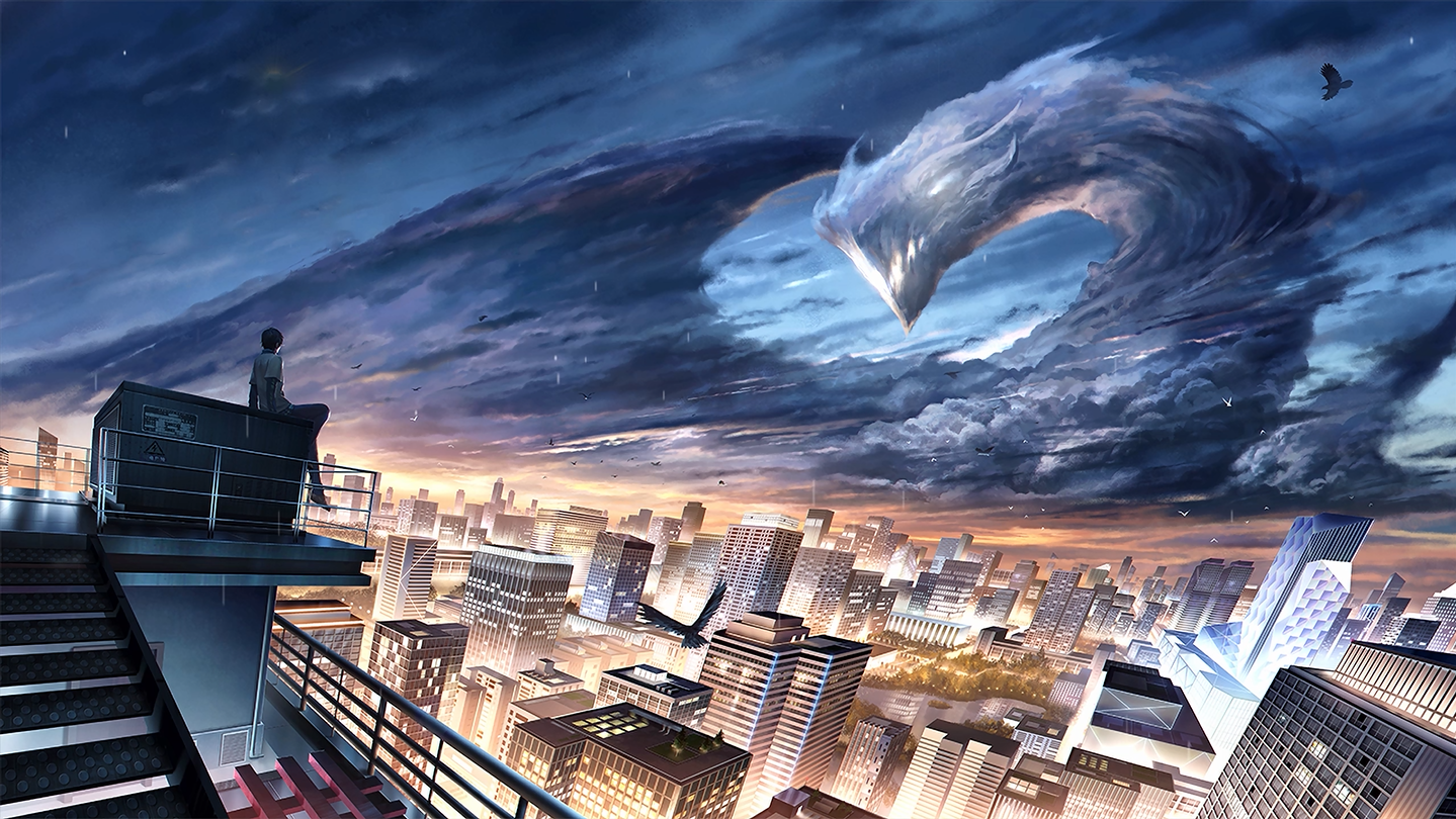 Ricardo M Lu Dragon Raja Stairs Clouds Anime Boys City City Lights Sky Cityscape 1439x810
