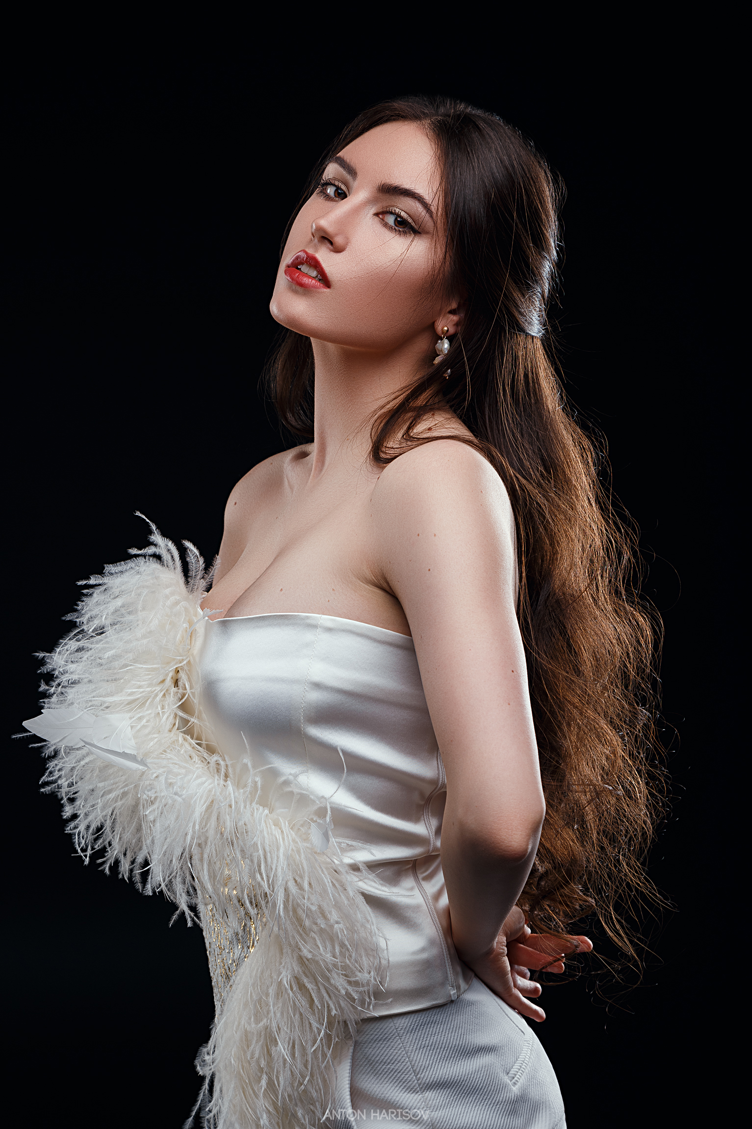 Anton Harisov Women Brunette Long Hair Dress White Clothing Bare Shoulders Lipstick Black Background 1533x2300