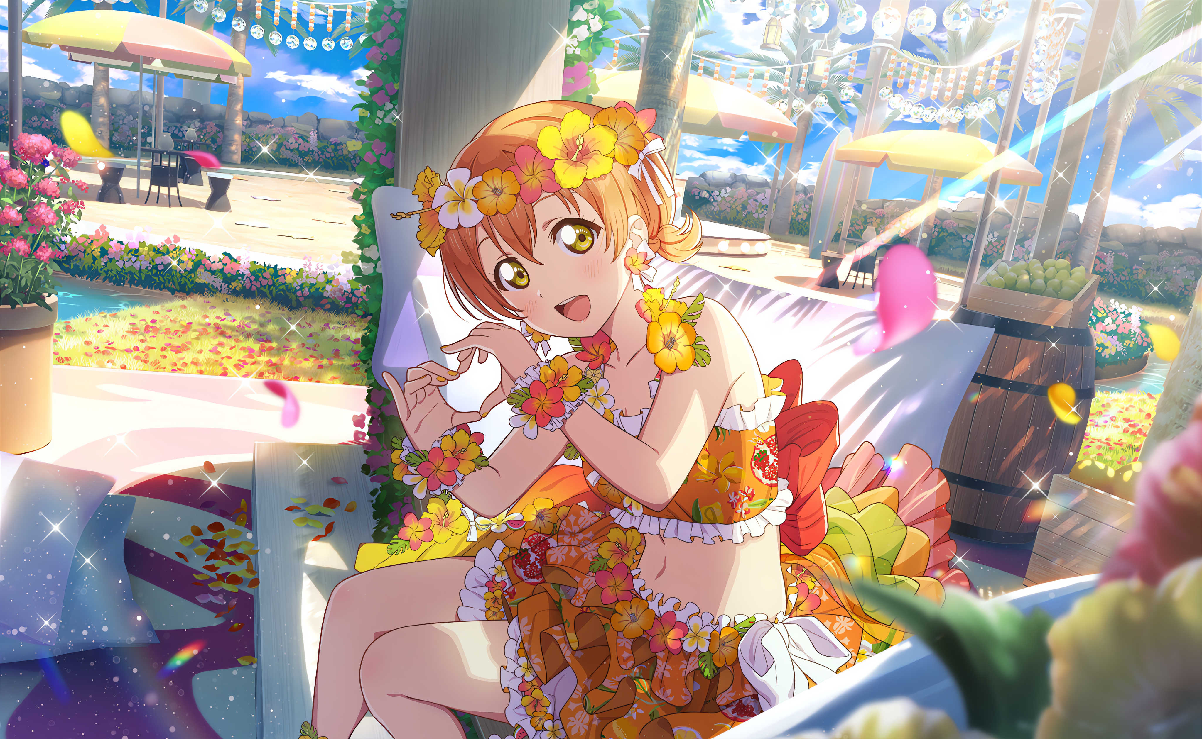 Hoshizora Rin Love Live Anime Anime Girls Looking At Viewer Stars Umbrella Flowers Petals Sunlight O 4096x2520