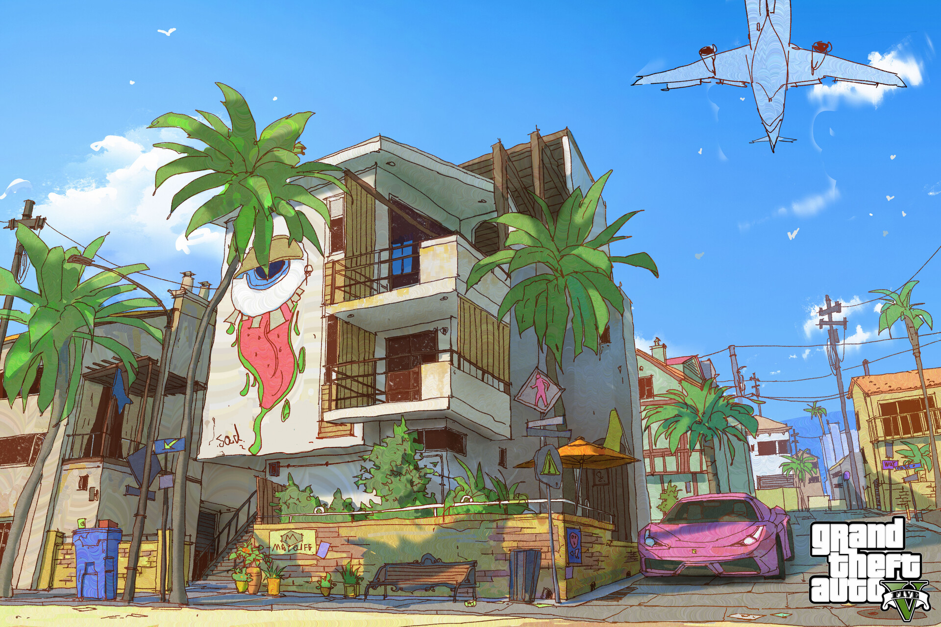 Xiao Xiaolu Drawing Grand Theft Auto V Los Santos Pink Cars Palm Trees Digital Art Sky Clouds Buildi 1920x1280