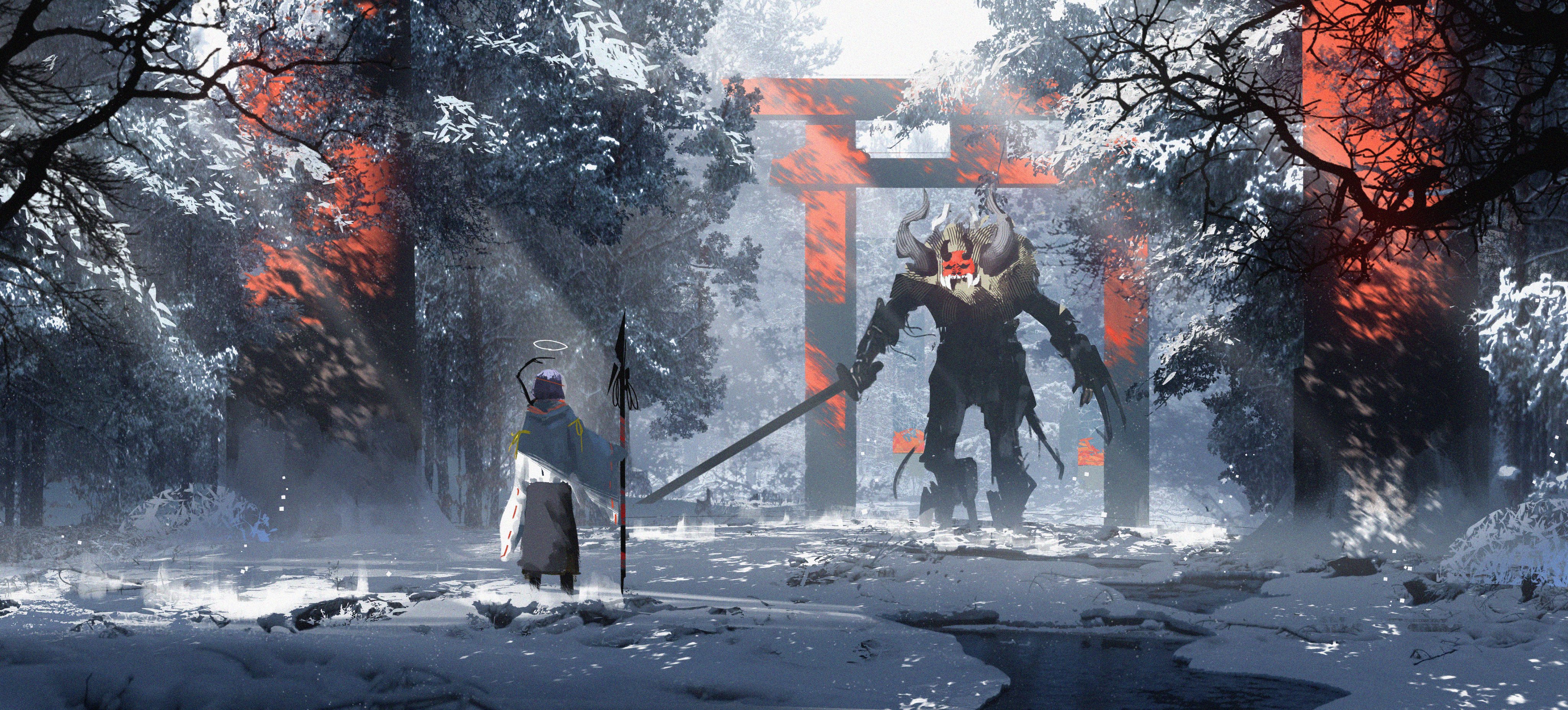 Torii Winter Gatekeeper Spear Sword Snow Japan Asteroid Artist Fantasy Art 4096x1854
