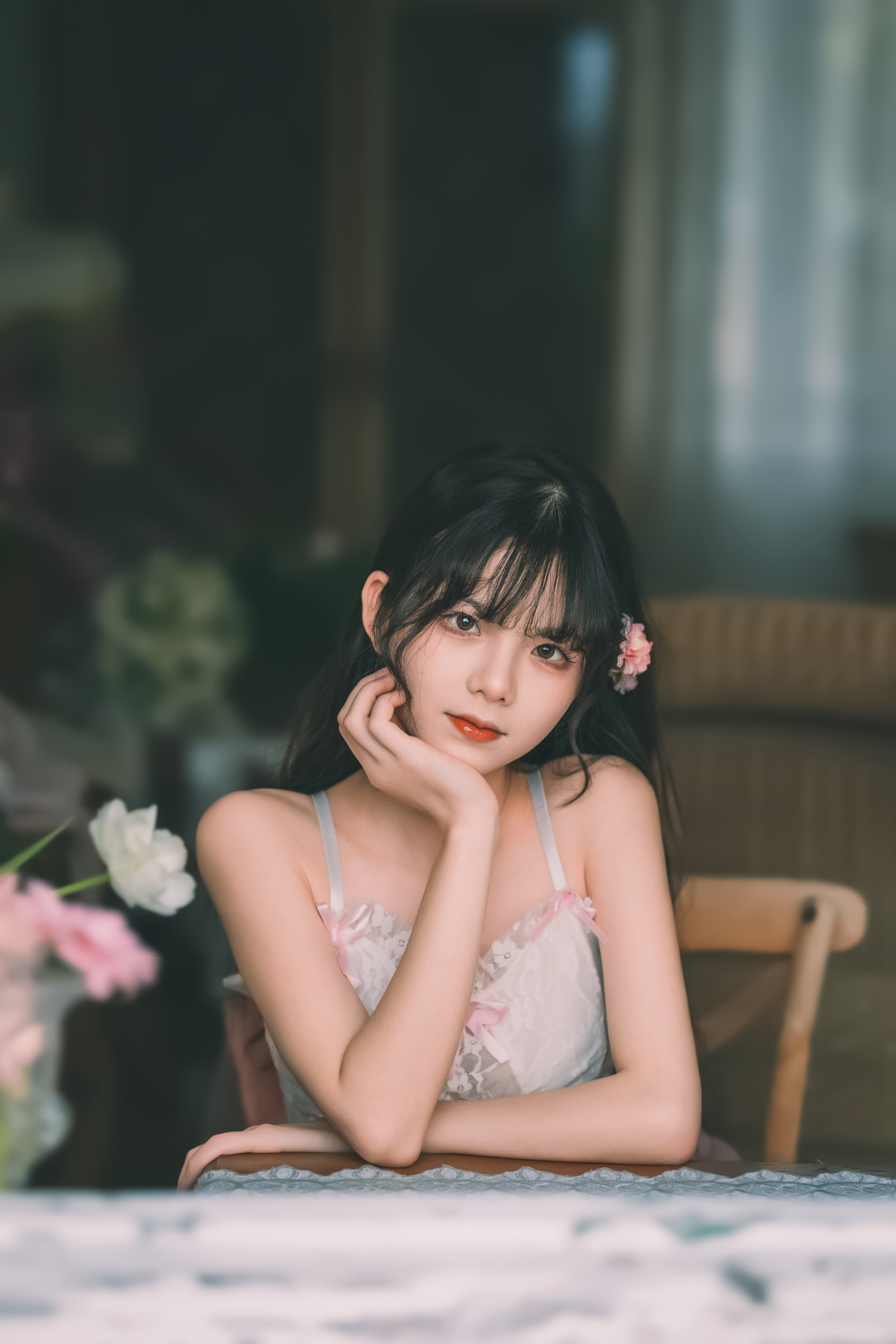 Qin Xiaoqiang Women Dark Hair Asian Resting Head Portrait Flowers Flower In Hair 1366x2048