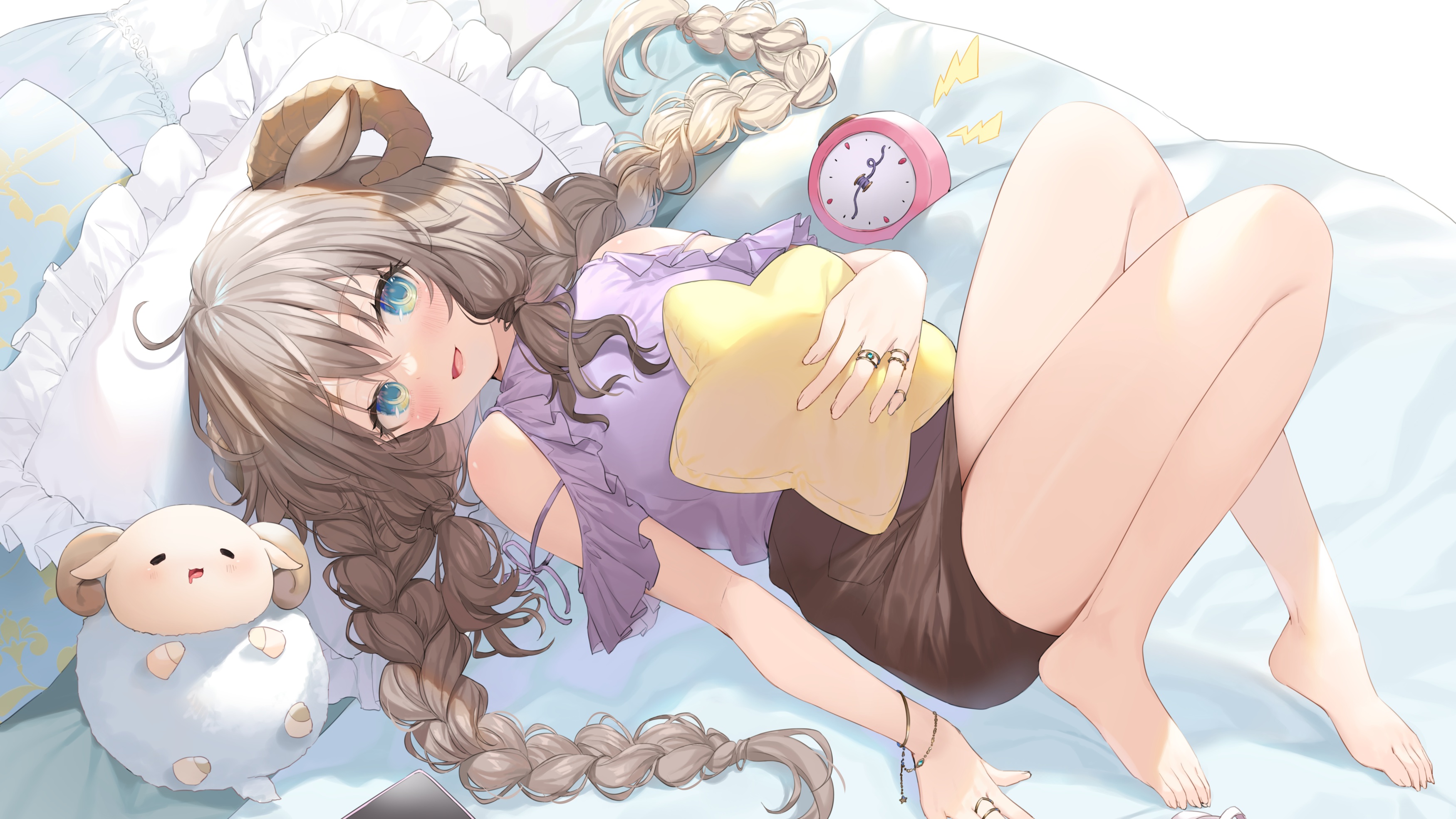 Anime Anime Girls Braids Blue Eyes Horns Sheep Wallpaper -  Resolution:3500x1968 - ID:1341186 